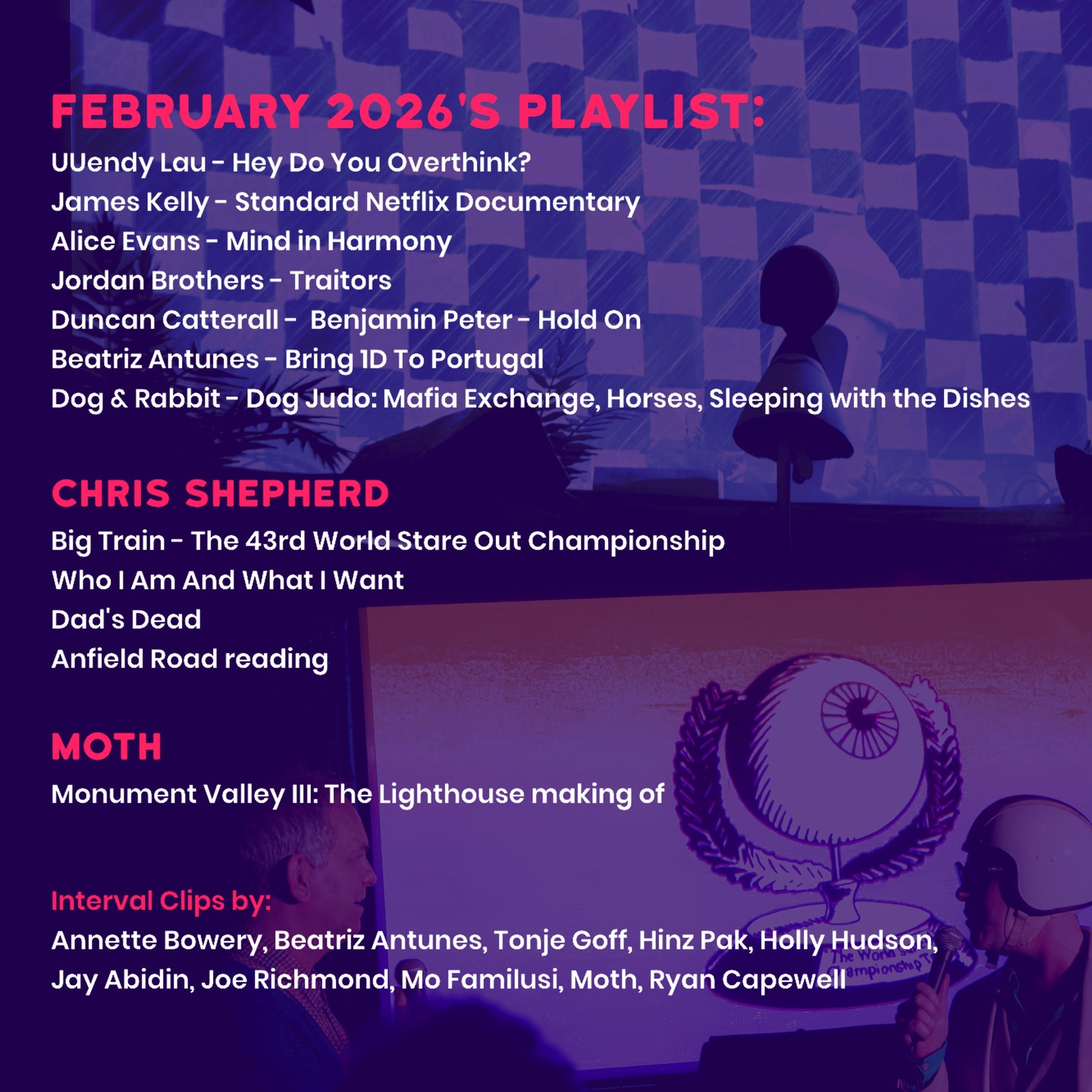 Here’s the playlist from last week. We had impossible geometry, impossible stunts, overthinking, a creepy kid, a 13 year old's diary, buddhism, Traitors, Mafiosa Dog Judio, staring, and a Liverpool love story.
Links to most of the films can be found at: overlapsocial.com/event
Early bird tickets for May are already available.