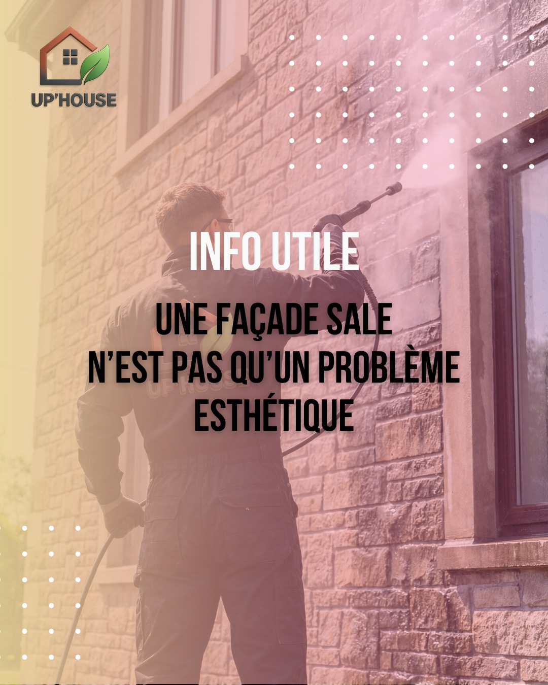 🏠 INFO UTILE
Une façade sale, ce n’est pas qu’un problème esthétique.
Avec le temps, mousses, pollution et humidité peuvent :
✔️ Abîmer les matériaux
✔️ Favoriser les infiltrations
✔️ Réduire la durée de vie de votre façade
Nettoyer et entretenir sa façade, c’est aussi protéger son bâtiment sur le long terme.
Chez Up House, on intervient pour nettoyer, rénover et préserver vos façades durablement.
#Façade #EntretienMaison #Rénovation #NettoyageFaçade #UpHouse