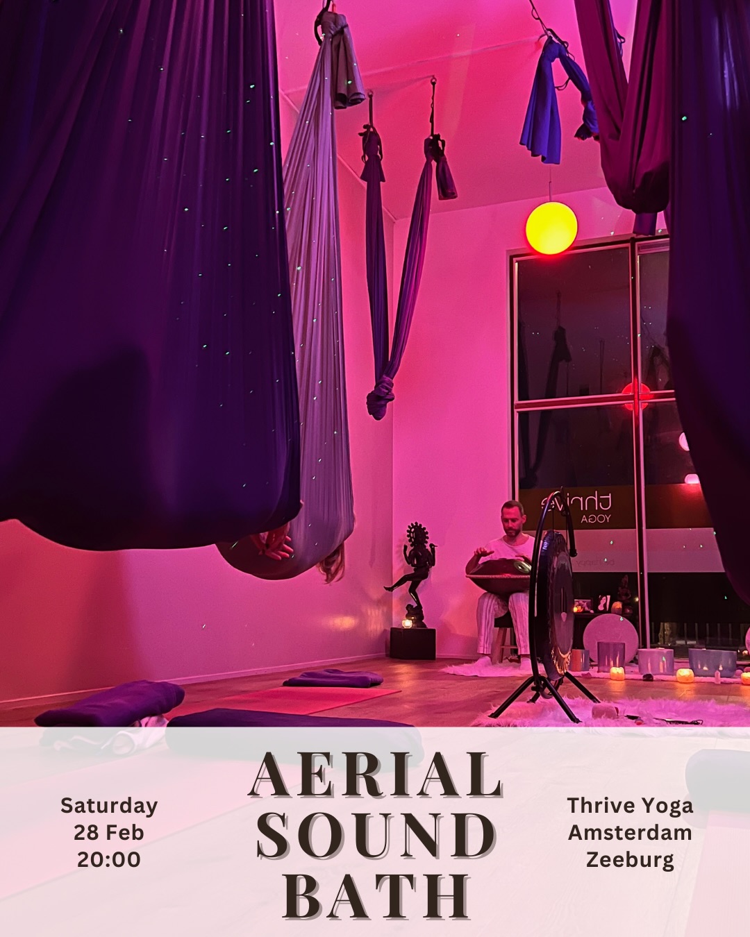✨Give yourself the gift of deep relaxation during a magical Aerial Sound Bath experience🪽
Let yourself be gently supported in the air as you rest in a soft hammock, surrendering to a unique state of weightless relaxation where time, space, and gravity seem to dissolve.
During this Aerial Sound Bath, you’ll be guided into a meditative state that invites you to relax, release, and restore. Suspended in your own cocoon, you’ll experience sound from all directions. A fully immersive journey that allows the body and mind to unwind on a profound level.
A safe and nurturing space is created where you can receive the healing vibrations of Alchemy Crystal Bowls, crafted from pure quartz crystal infused with precious gemstones and noble metals, each carrying specific energetic qualities. These are beautifully combined with Himalayan bowls, handpan, gong, and other sacred instruments.
As you receive the sound bath, your brainwaves are gently guided from an active Beta/Gamma state into deeply restorative Theta/Delta frequencies. This shift allows your body and nervous system to release stored tension and emotions.
Because the human body is nearly 75% water it’s an excellent conductor of sound vibrations. These frequencies travel deeply, guiding you toward exactly what your system needs in the moment.
Benefits of a Sound Bath:
• Deep physical relaxation
• Reduced stress, anxiety, tension, and pain
• Supports the body’s natural self-healing capacity
• Helps release emotional blockages
• Strengthens connection to your intuition
• Enhances clarity and expanded awareness
Details:
Saturday, February 28
20:00 – 21:30
@thrive_yoga_amsterdam Thrive Yoga – Studio Zeeburg (doors open 10 minutes before start)
€35 (€30 for Thrive members)
Limited spots available
This session is supported by Jo, Thrive Yoga’s Aerial specialist. With her background in aerial yoga and acrobatics, she will help you find the most comfortable and supportive position in your hammock.
#Aerial #Floating #SoundBath #ThingstodoinAmsterdam