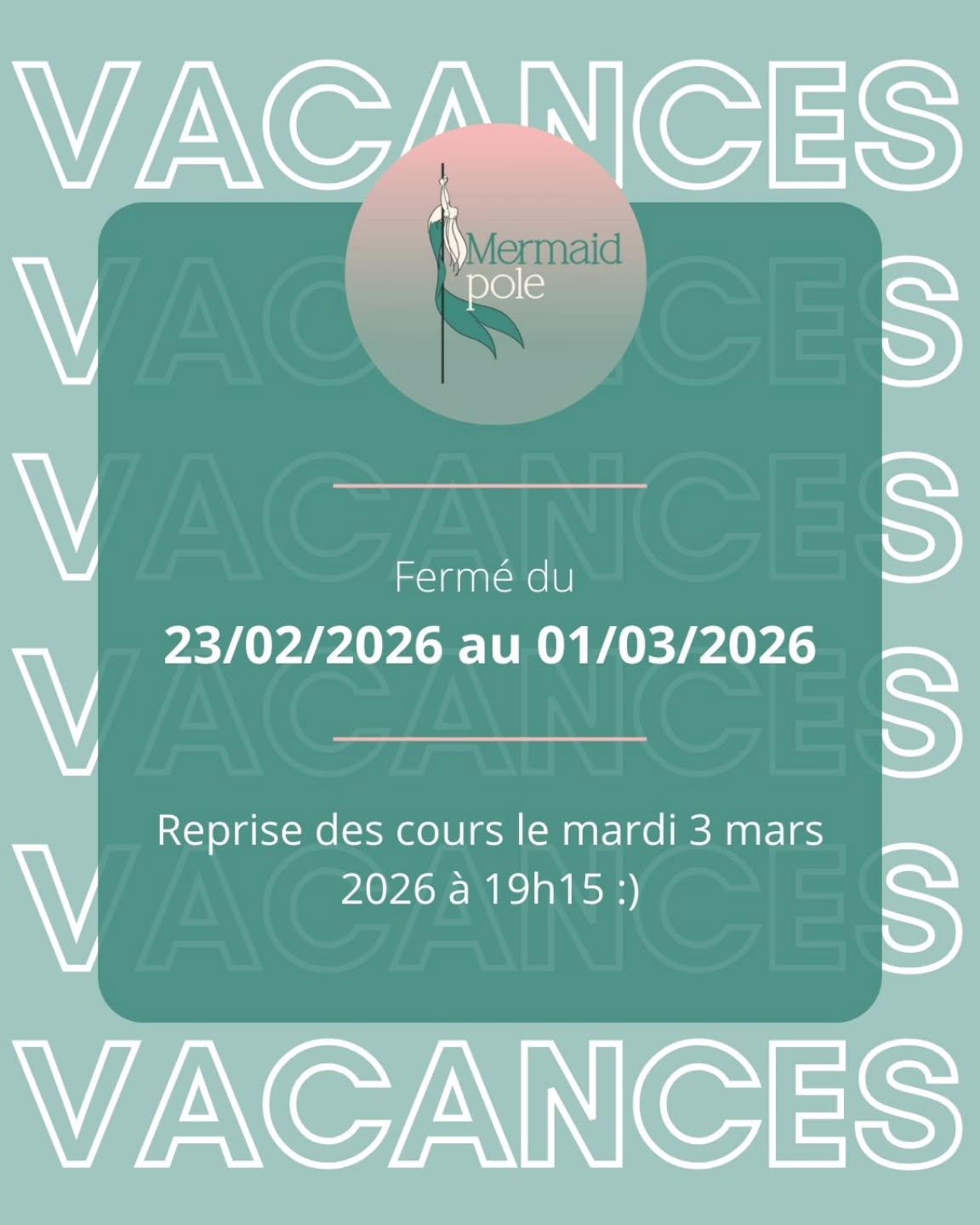 Le studio Mermaid Pole sera fermé du 23 février au 1er mars 2026 !
💌 Durant cette période, je ne serai pas disponible pour répondre aux mails ou messages, mais pas d’inquiétude : je reviendrai vers vous dès la reprise !
📅 Le planning de Mars et Avril est déjà en ligne sur Helloresa. Pensez à anticiper vos inscriptions.
On se retrouve avec plaisir le mardi 3 mars à 19h15 😁
🔴 Info importante : après les vacances de février, la prochaine période de fermeture du studio sera du 20 au 26 avril 2026.
#vacances #hiver #2026 #mermaidpolevitré #vitré