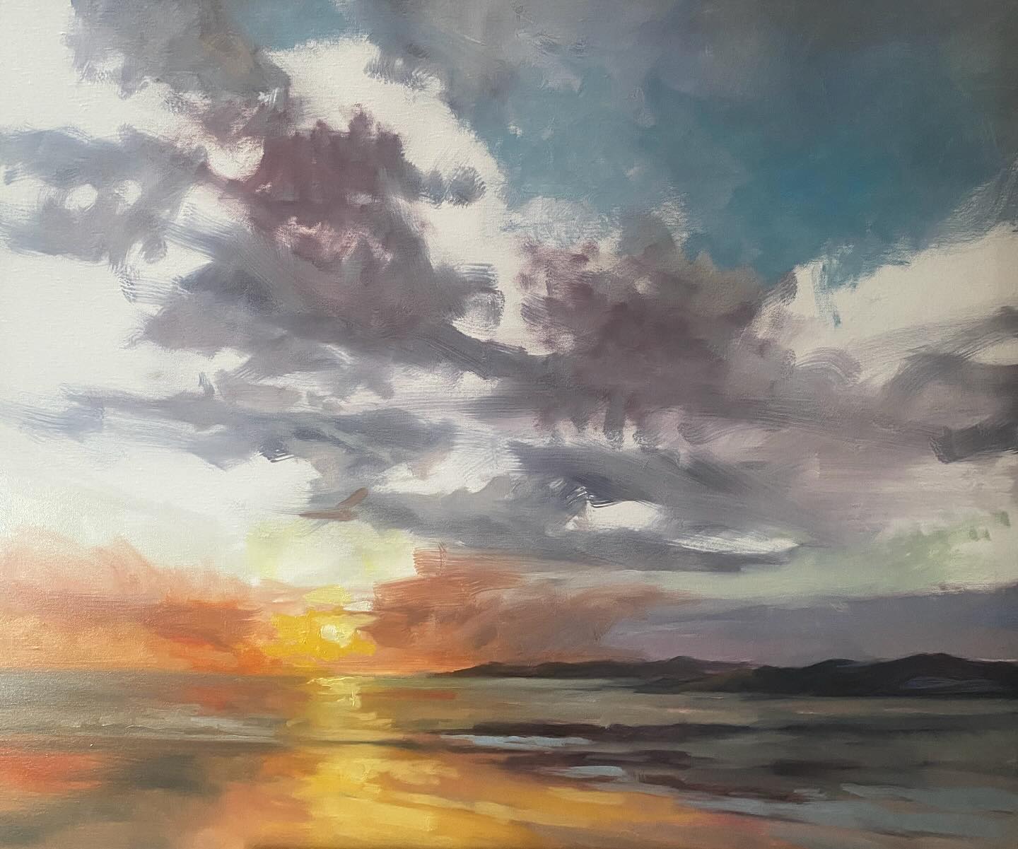 Work in progress- On the easel today…. A big Pembrokeshire sunset. I found a couple of stretched canvases 90 ish by 76 , thought I would experiment I have a load of photos and sketches from my many Pembrokeshire trips, so I’m going to paint this beach in various light conditions – this one’s the dusky one, I’ve got one from early morning and another from a bright and cloudy afternoon.
Swipe for a few progress shots plus a very bored studio dog….
I think it may be a bit twee/ Chocolate boxy, but i wanted to try to get the bright light on the sand and water to shine. Yet again I don’t think I am making the adjacent sky dark enough. I am going to leave it for today and take Bella for a walk … am at risk of tonking chunks of it if I don’t take a break
It may look less twee tomorrow 🤞🤞🤞🤞🤞🤞🤞
#sunsetsea #welshcoast #chocolatebox #sunseasand