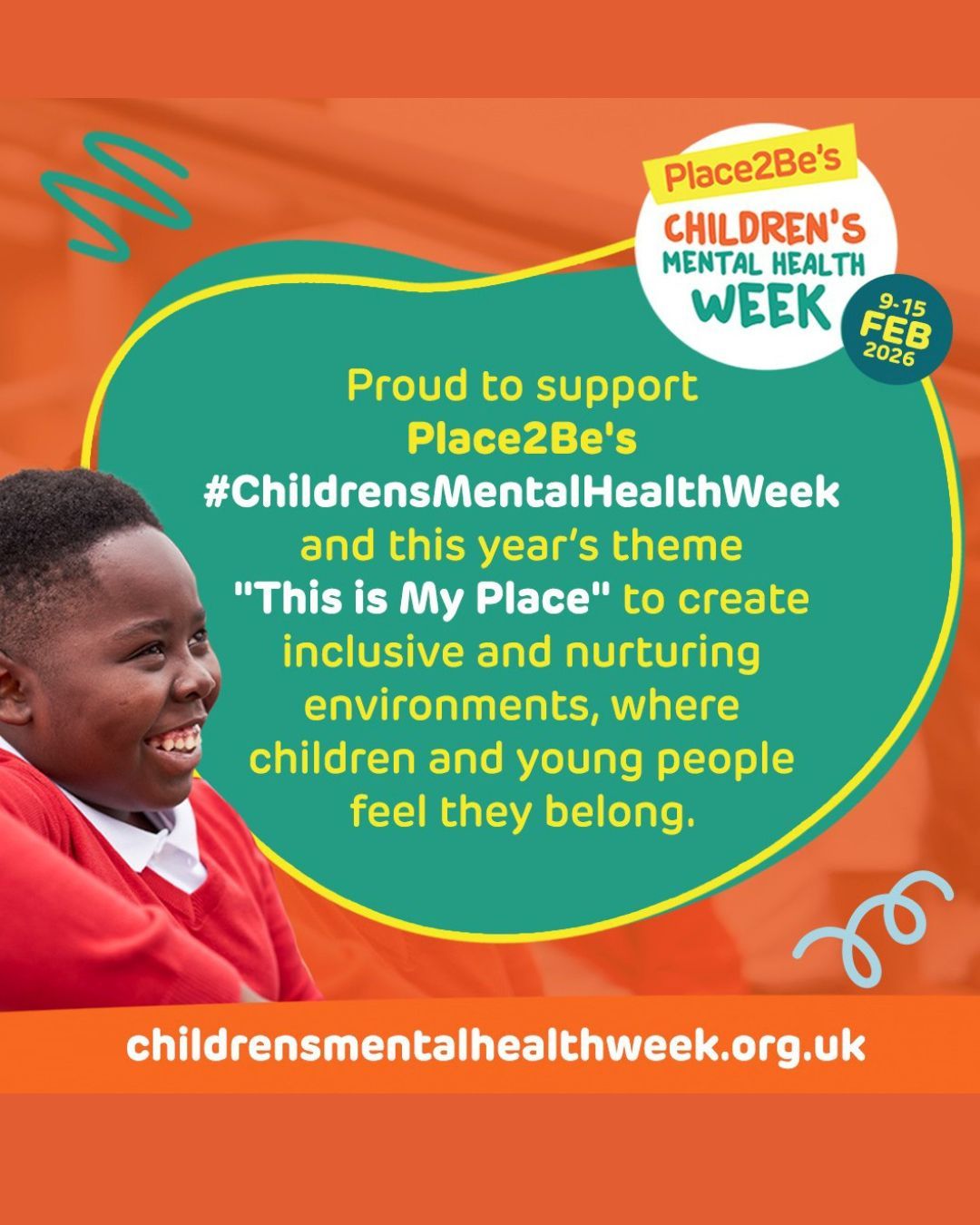 We’re supporting #ChildrensMentalHealthWeek with @Place2Be! This year’s theme is ‘This is My Place,’ encouraging self-acceptance and belonging.
Join us in raising vital funds for children’s mental health. Every donation helps to make a difference. #CMHW2026