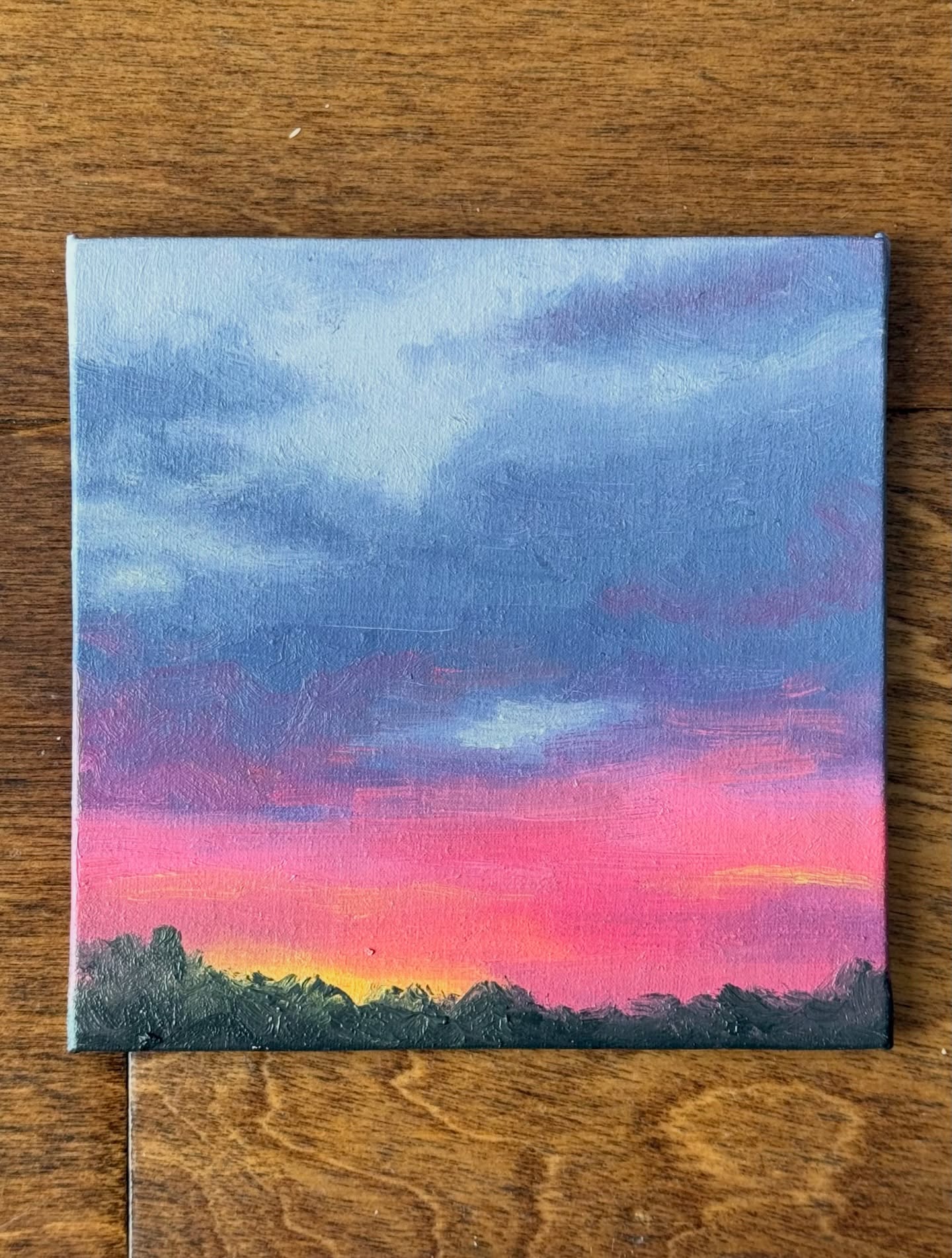 North Carolina sunsets and trying to pin down the elusive pink colors! This dainty 4x4 canvas is the perfect carrier for these little dabs of color!
Let me know if you’d be interested in having a sunset or sunrise in your home! Brainstorming over here and susceptible to suggestions…
#emilyfossumart #artistmother #oilpainting #sunsets