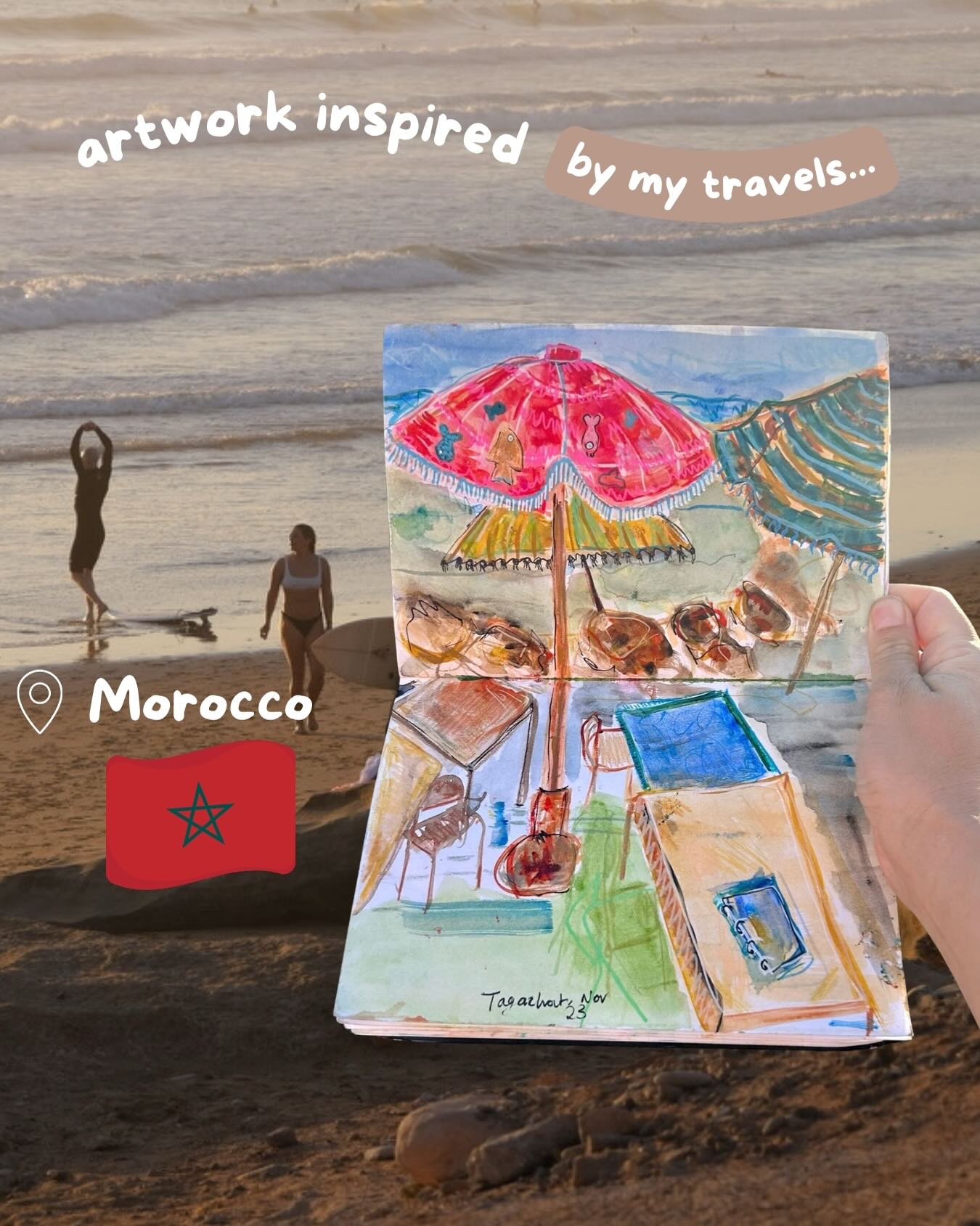 A few bits from when I went to Morocco at the end of 23’. I cannot wait to go back armed with more art supplies and paints in the coming months / years.
There is SO much to draw! The place is filled to the brim with interesting patterns, textures and intense colours. It’s also a very affordable place to visit and there are tonnes of solo travellers around. It’s a great place to surf, chill and explore. I was obsessed with the showers - everything is so beautifully made and unique.
We only visited Marrakesh and Taghazout, but will certainly be back to explore the surrounding areas (you just need to be good at driving out there… my skills were severely put to the test!)
I fear a solo trip is pending 🇲🇦
#solotravel #travellingartist #moroccoart #sketchbookart #illustrations