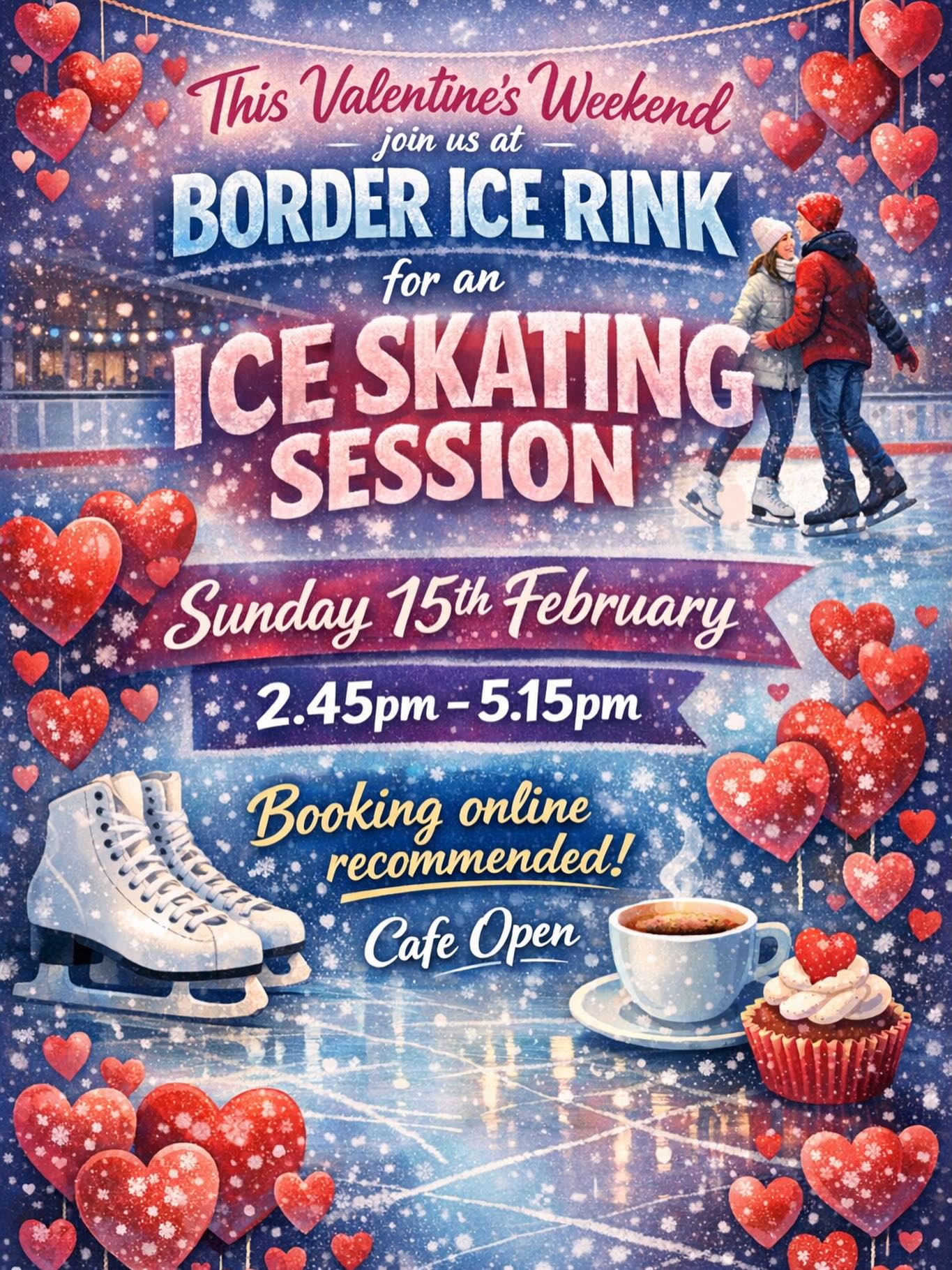 This Valentine’s weekend, join us at Border Ice Rink for a special Ice Skating Session!
🗓 Sunday 15th February
⏰ 2.45pm – 5.15pm
💻 Booking online recommended
☕ Café open for hot drinks & treats
Bring your friends, your family, or someone special and enjoy an afternoon on the ice!
#BorderIceRink #ValentinesWeekend #IceSkating #kelso