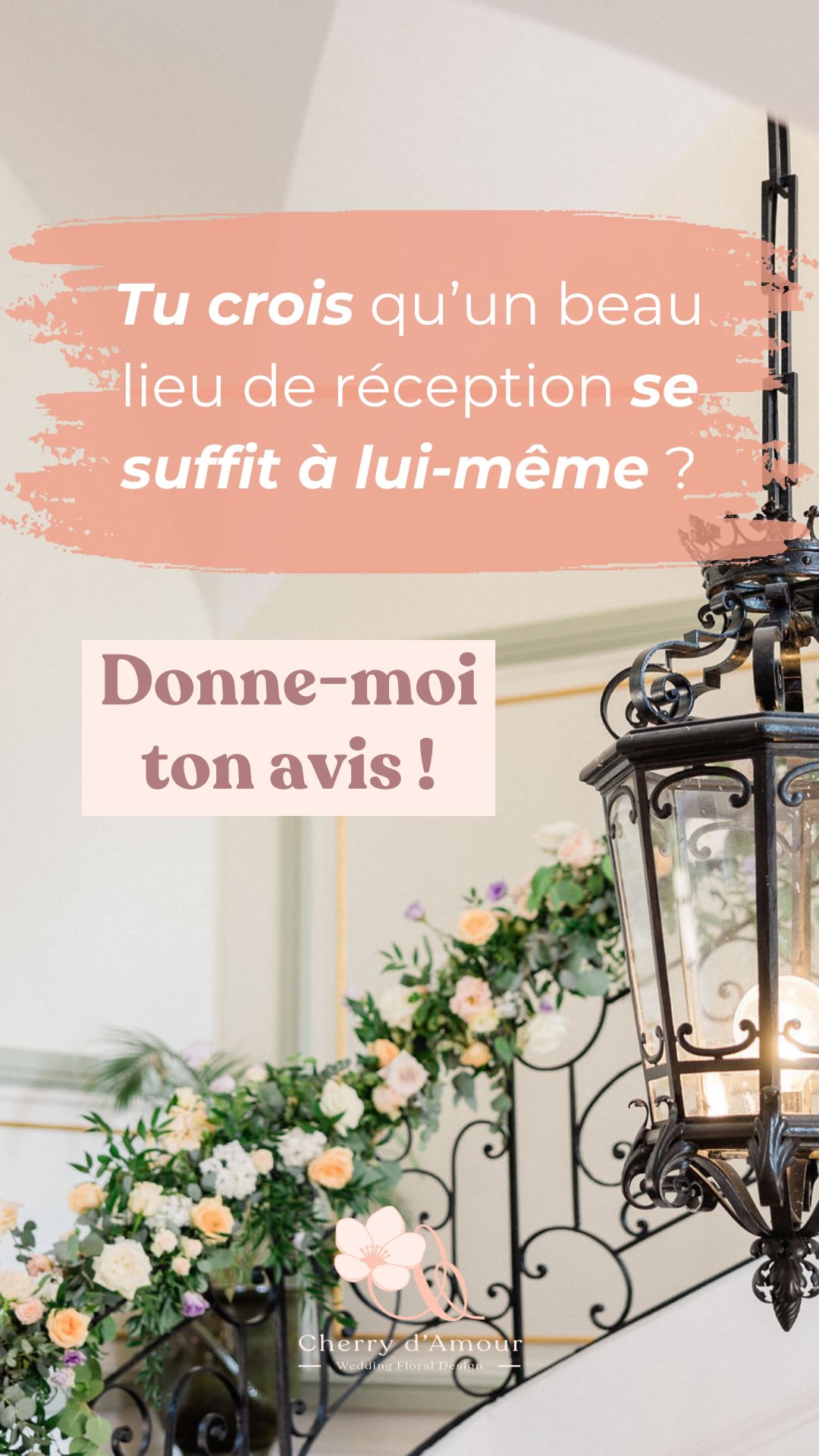 Et vous, mesdames, vous serez très belles dans votre robe blanche, est-ce que ça signifie que ça sert à rien de vous maquiller ? 😜
Bien sûr que non ! La déco florale viendra TOUJOURS sublimer un lieu, un moment, et créer de l’émotion 🌸Toujours. C’est ma vision, en tout cas.
Qu’est ce que vous en pensez ? 😊
—
Crédit photo 📸
Photographe : @pascal.vo
Floral designer : @cherry_wedding_paris
Lieu de réception : @chateauaveny
Traiteur : @grandchemintraiteur
DJ : @fm_diffusion_evenementiel
Orchestre : @enavantlamusiqueevenementiel
Feu d’artifice : @soirs.de.fetes
#decorationescalier #decorationescaliermariage #mariagechateau #decorationchateau #mariagemoderne #mariageromantique #decoflorale #decofloralemariage #mariagepeche