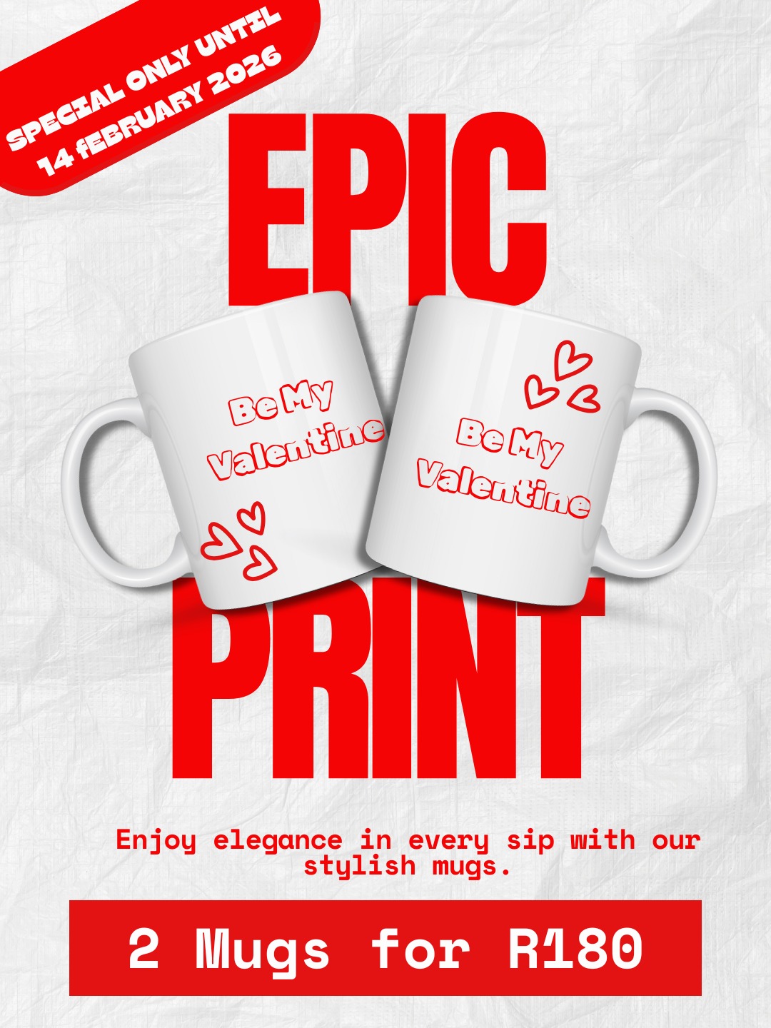 With Valentines this weekend why not say "Be my Valentine" with matching, personally designed mugs 😍
#valentinesday #love #digitalprintingcapetown #mugs #epicprint