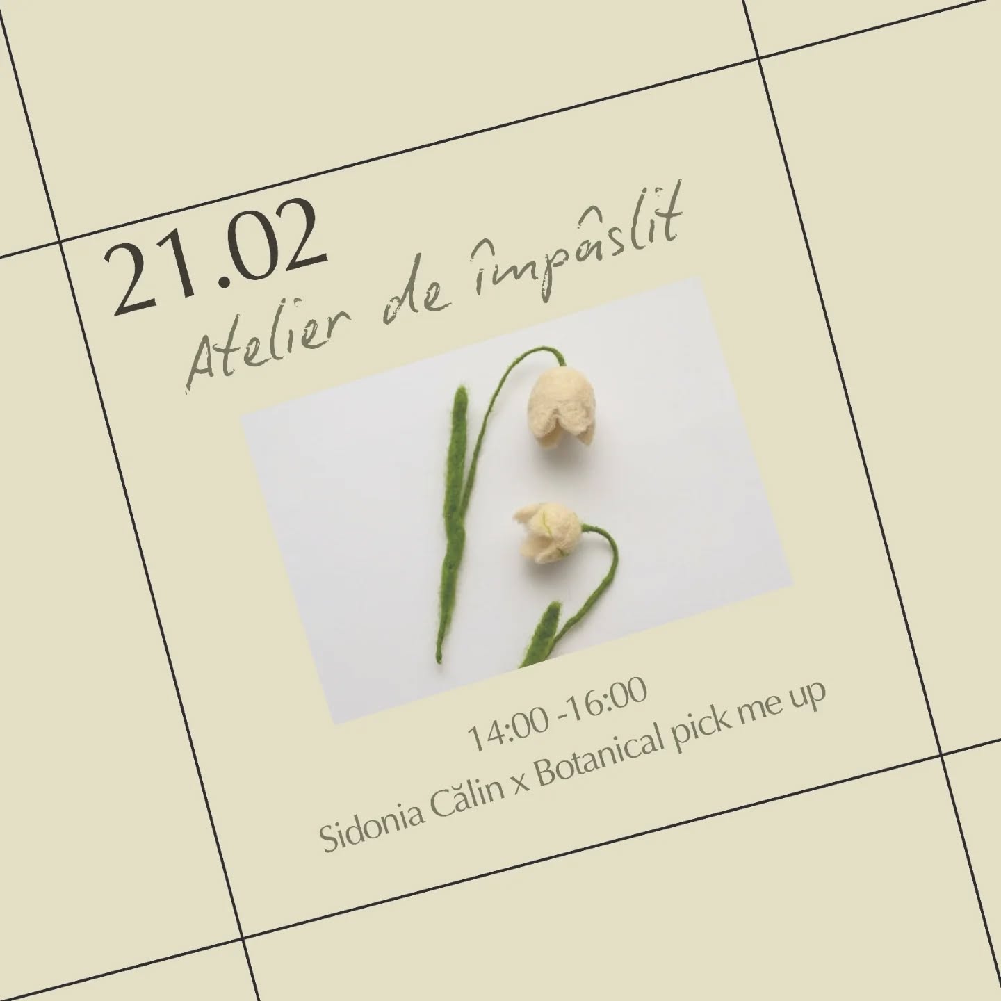 În așteptarea primăverii, deschidem atelierul de împâslit ghiocei din lână. Alături de @sidonia.calin, sâmbăta viitoare,pe 21 februarie, de la 14:00 te aștepăm să facem frumos împreună!
Atelierul este potrivit și copiilor așa că puteți veni pereche 🥰
21 februarie | de la 14:00 | 200 lei | locuri limitate, cu înscriere în linkul din bio (linktree)
Cu bucurie,
Ela & Sidonia