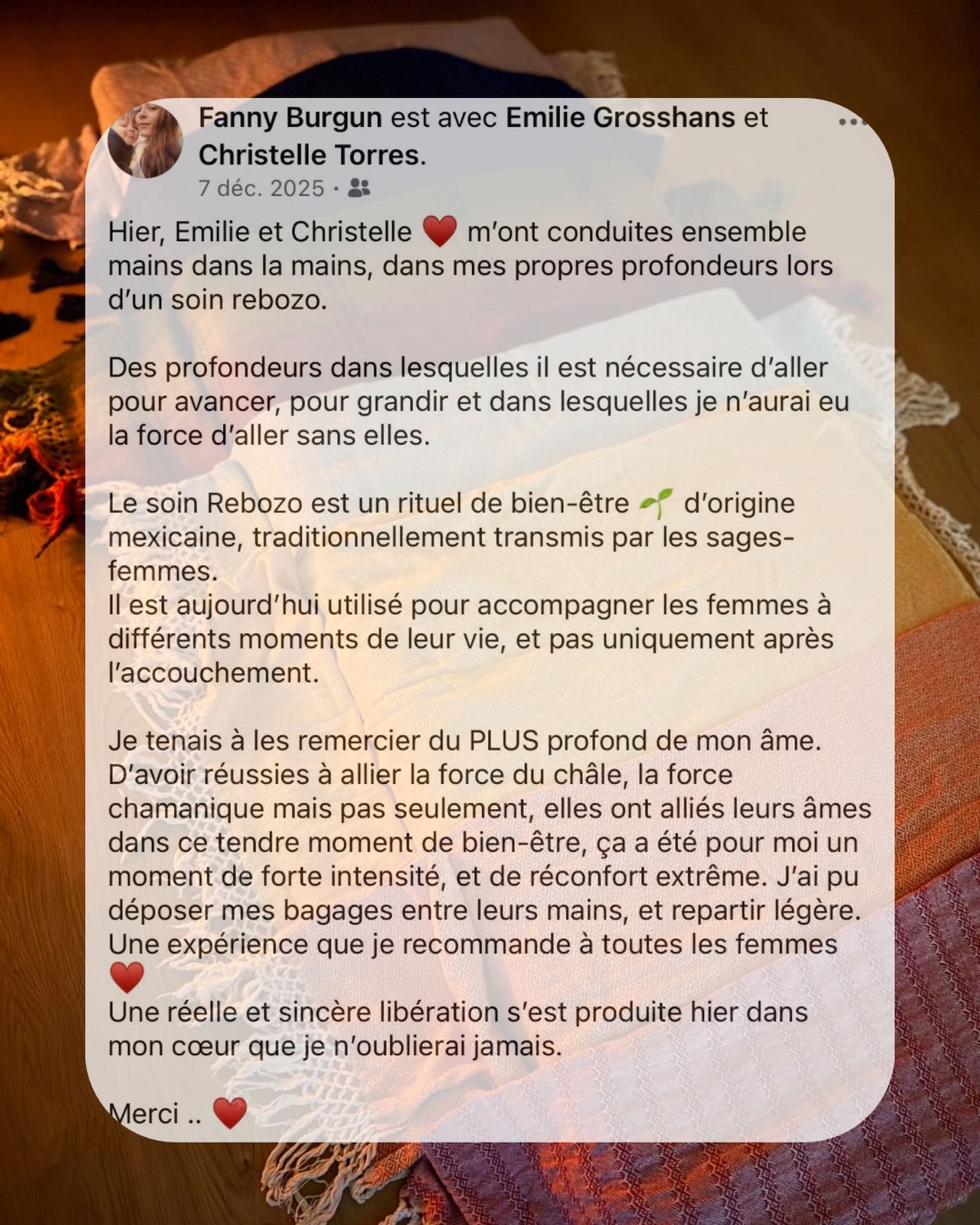 Retour sur le soin Rebozo 🧡
Un soin puissant, riche de douceur, de libération, (re)naissance et métamorphose, d’amour et de sororité ✨
Un soin fait pour muer, se déposer, avancer, grandir et évoluer.
#rebozo #passage #transformation #soinenergetique #feminin
