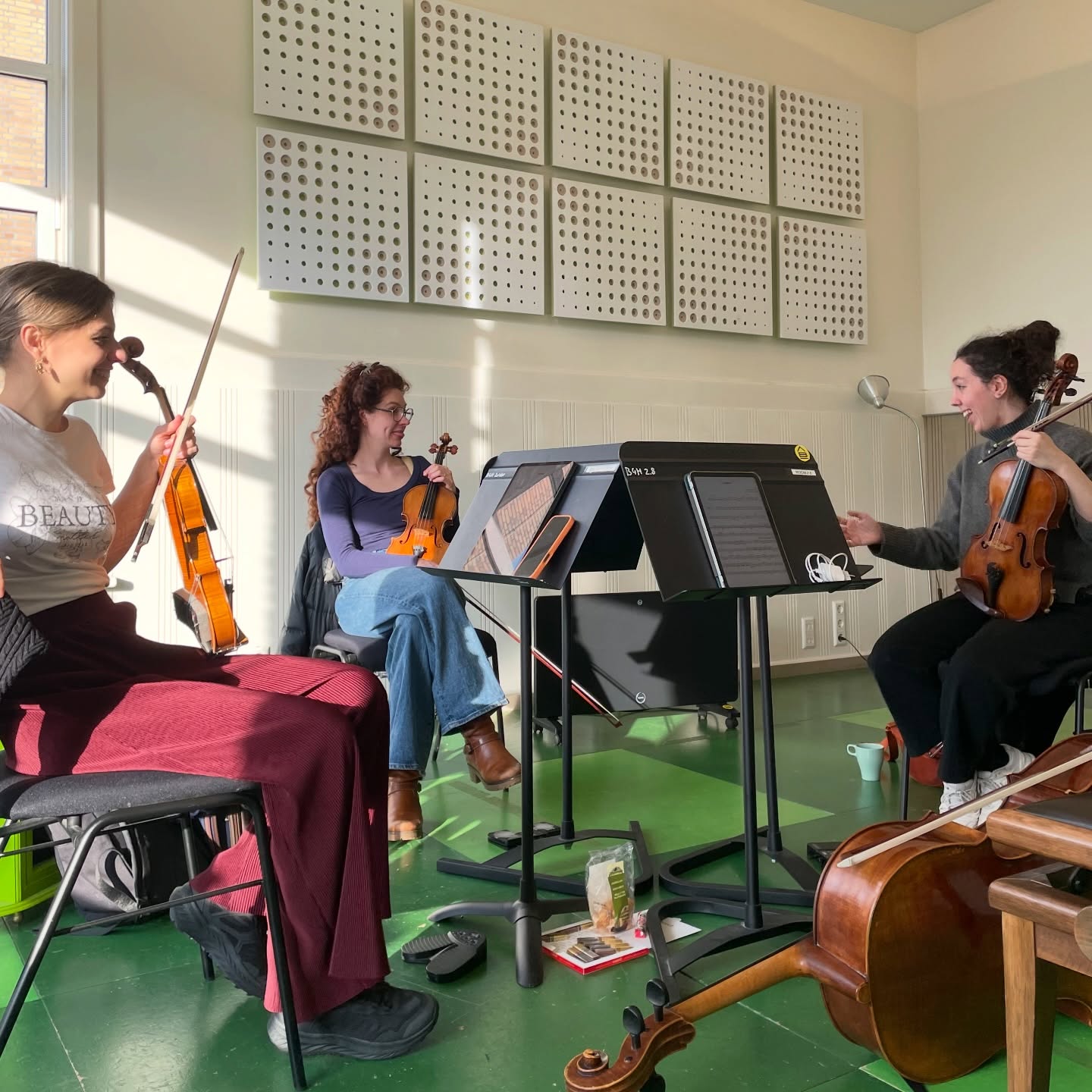 🎻 We keep rehearsing, having fun, and enjoying every step of the process!
Here’s a glimpse of our laboratorium, the green practice room that has seen us shape most of the music you’ve already heard from us… and will soon get to hear! 🍏
Scenes of a Folk Life is also taking shape and will soon see the light. ✨🌿🌱
Keep tuned for more!