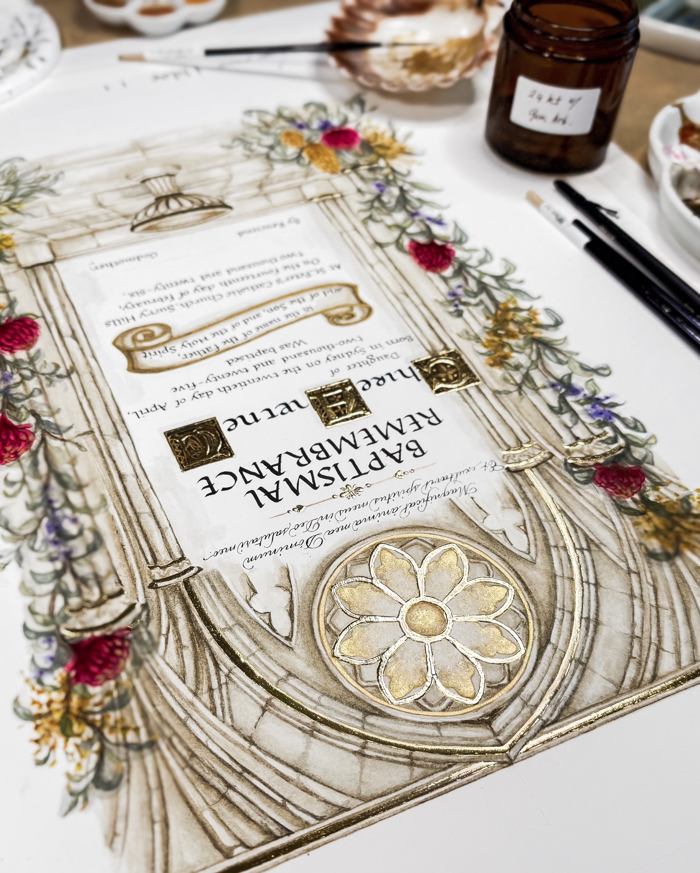 This piece has finally made its way to its family ๐ค๐ฅฐ
A Baptismal Remembrance Iโve been working on over the past couple of months. It began with the text in foundational hand and rustic geometry architectural drawing inspired by the windows and interior of St Maryโs Cathedral in Sydney, followed by 24K gold, and finally the Australian botanicals (focusing on Waratah and Golden Wattle) growing around the structure.
Gold always responds differently to light. For this piece, I used both modern gilding and handmade shell gold prepared specifically for the work.
Shared with permission, with the name section kept private as requested.
Thank you for entrusting me with something so meaningful.
#customcalligraphy #calligraphycommission #handgilding #illuminatedmanuscript #australianartist