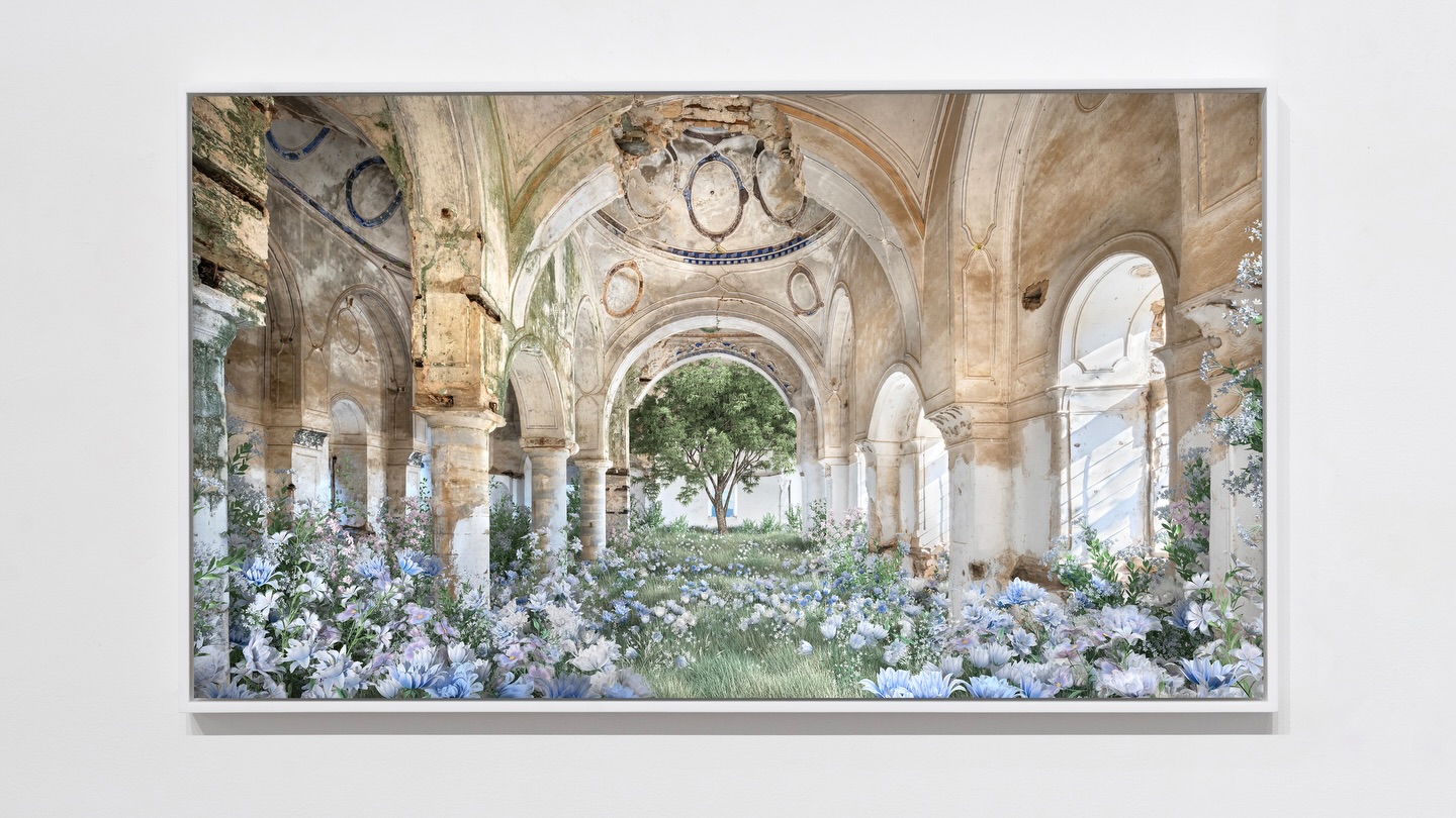 ‘Into the Light’
Güllübahçe, Turkey, 2025
(190 x 108.5 cm)
Set inside the abandoned Church of St. Nicholas (Aziz Nikolaos Kilisesi) in Güllübahçe, Turkey, this work reimagines the historic structure through digital intervention.
Digitally sculpted flora and a central tree rise within the crumbling nave, weaving nature into the building’s layered history of cultural and religious transformation.