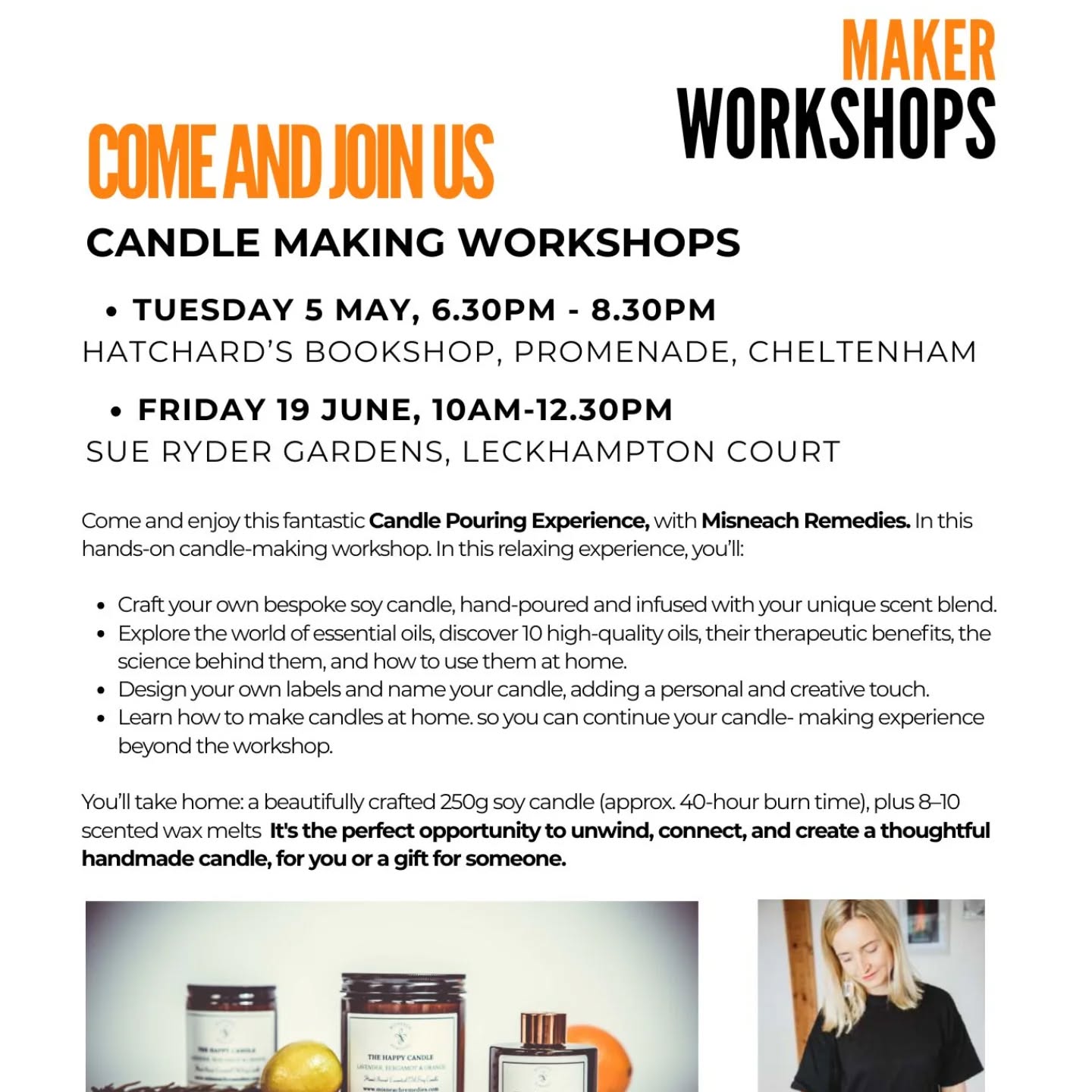Super excited to be delivering not one but two workshops in association with @wtscollective
One will take place on the evening of 5th May at the stunning Hatchards Bookshop, Cheltenham, priced at £55 and inclusive of refreshments.
The second will take place on the morning of Friday, 19th June from 10am until 12.30pm priced at £55 inclusive of refreshments at the beautiful Sue Ryder, Leckhampton Court venue.
The perfect Mother's day gift 🎁 ❤️
Please share if you can as I don't think I have a big following (yet 🤣) in Cheltenham direction. 🙏Thank you all so much and would love to see you if you would like to learn a new craft and a wealth of knowledge about essential oils and how you can use them in your daily lives.
@hatchardscheltenham
@sueryderleckhampton
To purchase tickets please visit www.wtscollective.co.uk under workshops.
For a full list of workshop events please look at my website..link in bio.
#CandlePouringWorkshop #Hatchards #CheltenhamEvents #CreativeWorkshopsUK