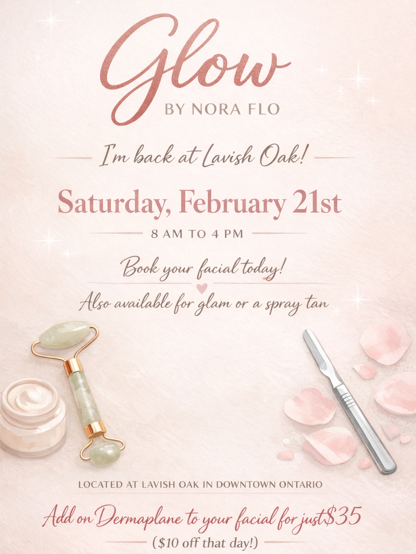 IE: Come see me on Sat. Feb 21st from 8-4 at Lavish Oak in Downtown Ontario. Always here to help with your glow up! ✨✨✨ Valentine’s offer- $10 off dermaplaning! ❤️
Available: Facials| Spray Tans| Glam
DM to book! 💌