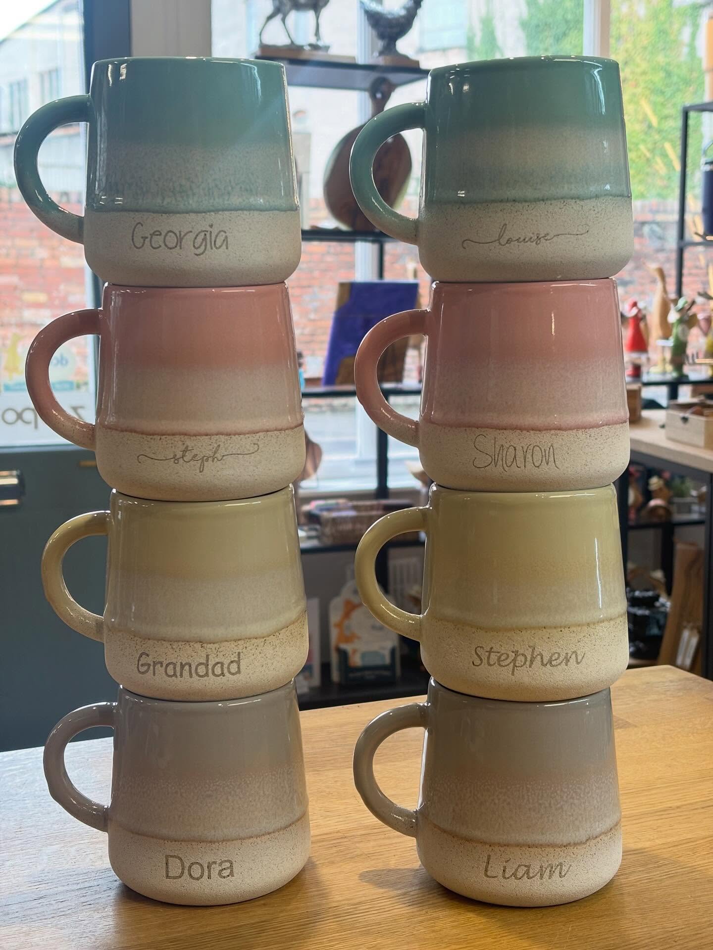 New mugs now in stock that can be personalised, these mugs are £15 each with a FREE name engraved 😊 they are available to buy from the shop and will be on our website to purchase by the weekend 👍🏼 they have LOTS of different colours, so if they are popular I will get some more colours in stock in the future 😊