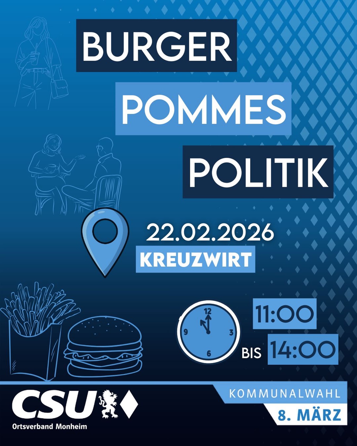 Burger 🍔, Pommes 🍟, Politik 🗣️!
Seid ihr bereit für einen Austausch der besonderen Art? 🙌 Der CSU Ortsverband Monheim lädt euch herzlich ein! 🦁💙
Am 22.02.2026 🗓️ treffen wir uns im Kreuzwirt 📍, um gemeinsam bei leckeren Burgern 🍔 und knusprigen Pommes 🍟 über die Zukunft unserer Heimat zu sprechen! 🏘️✨
Wann? 🕚 11:00 bis 14:00 Uhr 🕑
Wo? 📍 Kreuzwirt
Warum? 🤔 Weil eure Meinung zählt! 🗳️ Am 8. März ist Kommunalwahl – nutzt die Chance, eure Fragen direkt zu stellen und mit uns ins Gespräch zu kommen! 💬🤝
Kommt vorbei, bringt Hunger 😋 und eure Ideen 💡 mit! Wir freuen uns auf einen starken Vormittag mit euch! 🚀💙
#burgerpommespolitik 🍔🍟🗣️ #csumonheim 🦁 #kommunalwahl2026 🗳️ #monheim 🏘️ 🍻 #politikmalanders 📢