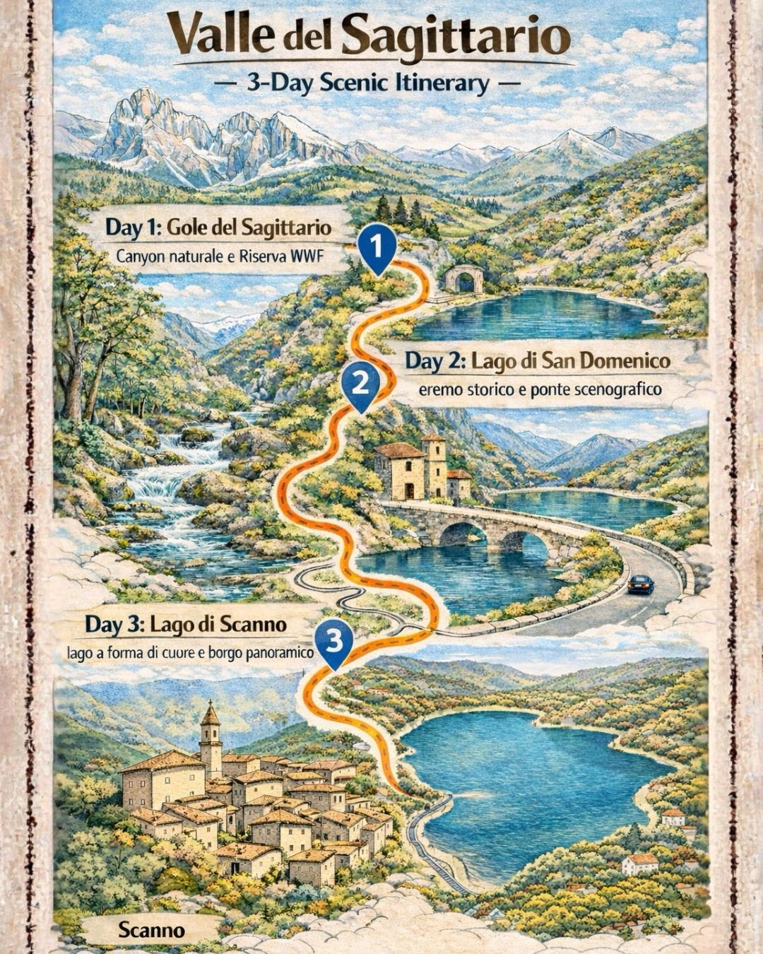La Valle del Sagittario, nel cuore dell’Abruzzo, è uno di quei luoghi che sorprendono per la varietà di paesaggi concentrati in pochi chilometri ✨
Canyon naturali, riserve protette, laghi di montagna e borghi in pietra si susseguono lungo un itinerario perfetto da vivere in 3 giorni, senza fretta, lasciando spazio allo stupore.
Dalle Gole del Sagittario al Lago di San Domenico, fino al Lago di Scanno e al borgo di Scanno, ogni giornata ha un ritmo diverso e un paesaggio che cambia, invitandoti a rallentare e ad attraversare il territorio con più consapevolezza.
👉 Salva questo itinerario per il tuo prossimo weekend in Abruzzo!