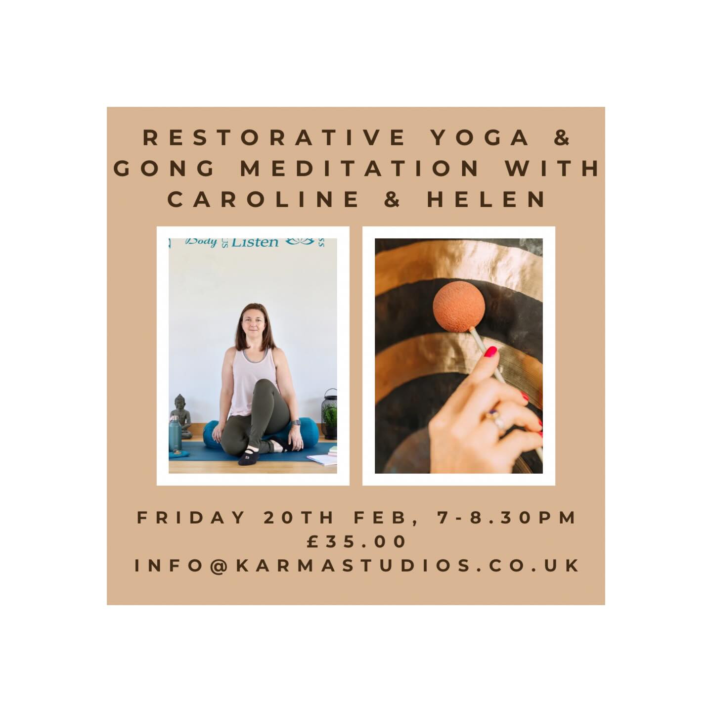 ✨ Last 2 spaces remaining ✨
Restorative Yoga with Gong Meditation
🗓 Friday 20th Feb
⏰ 7–8.30pm
💫 £35
Join me for a deeply nourishing evening of restorative yoga with gentle stretching, followed by a powerful gong meditation with Helen.
I’ll guide you through fully supported restorative postures designed to calm the nervous system, soften tension, and create space to simply be.
Helen will then bathe you in the sound of the gong — a beautiful, immersive experience that encourages deep rest and reset.
This is your invitation to slow down.
To regulate.
To exhale.
Only 2 spaces left — message to book 🤍