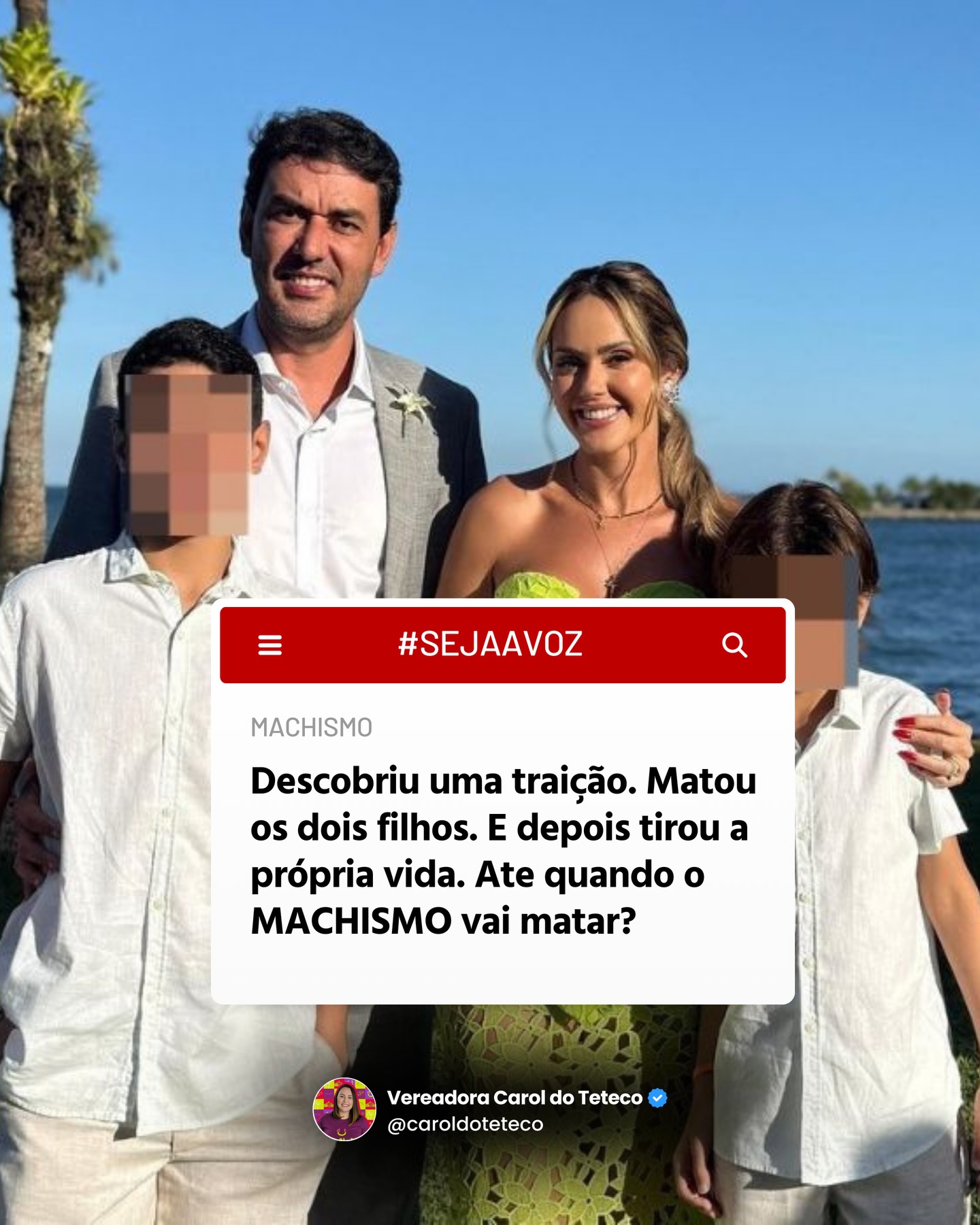 Até onde pode chegar a tentativa de “punir” uma mulher?
Nos últimos dias, o Brasil assistiu a uma tragédia que nos deixou em choque. Um homem tirou a vida dos próprios filhos e, depois, a própria vida. Antes disso, publicou um texto insinuando que agiu movido por sentimentos de traição e descontrole.
Nada justifica isso.
Nada explica isso.
Nada autoriza isso.
Quando a dor vira posse.
Quando o ego vira violência.
Quem paga o preço são mulheres, crianças e famílias inteiras.
Esse caso não é sobre “traição”.
É sobre controle.
É sobre incapacidade de lidar com frustração.
É sobre uma cultura que ainda trata mulheres como propriedade.
🛑 Imaginem se mulheres reagissem da mesma forma toda vez que fossem traídas, humilhadas ou abandonadas. O mundo simplesmente não existiria como conhecemos.
Violência nunca é resposta.
É por isso que precisamos falar sobre saúde emocional, responsabilização e políticas públicas de proteção. É por isso que a Procuradoria da Mulher existe: para fortalecer redes de apoio, orientar, acolher e trabalhar prevenção. A dor não pode virar arma.
E nenhuma mulher pode ser responsabilizada pela violência de um homem. Precisamos conversar sobre isso. E filhos jamais podem ser usados como instrumento de vingança.
É por isso que precisamos conversar sobre isso