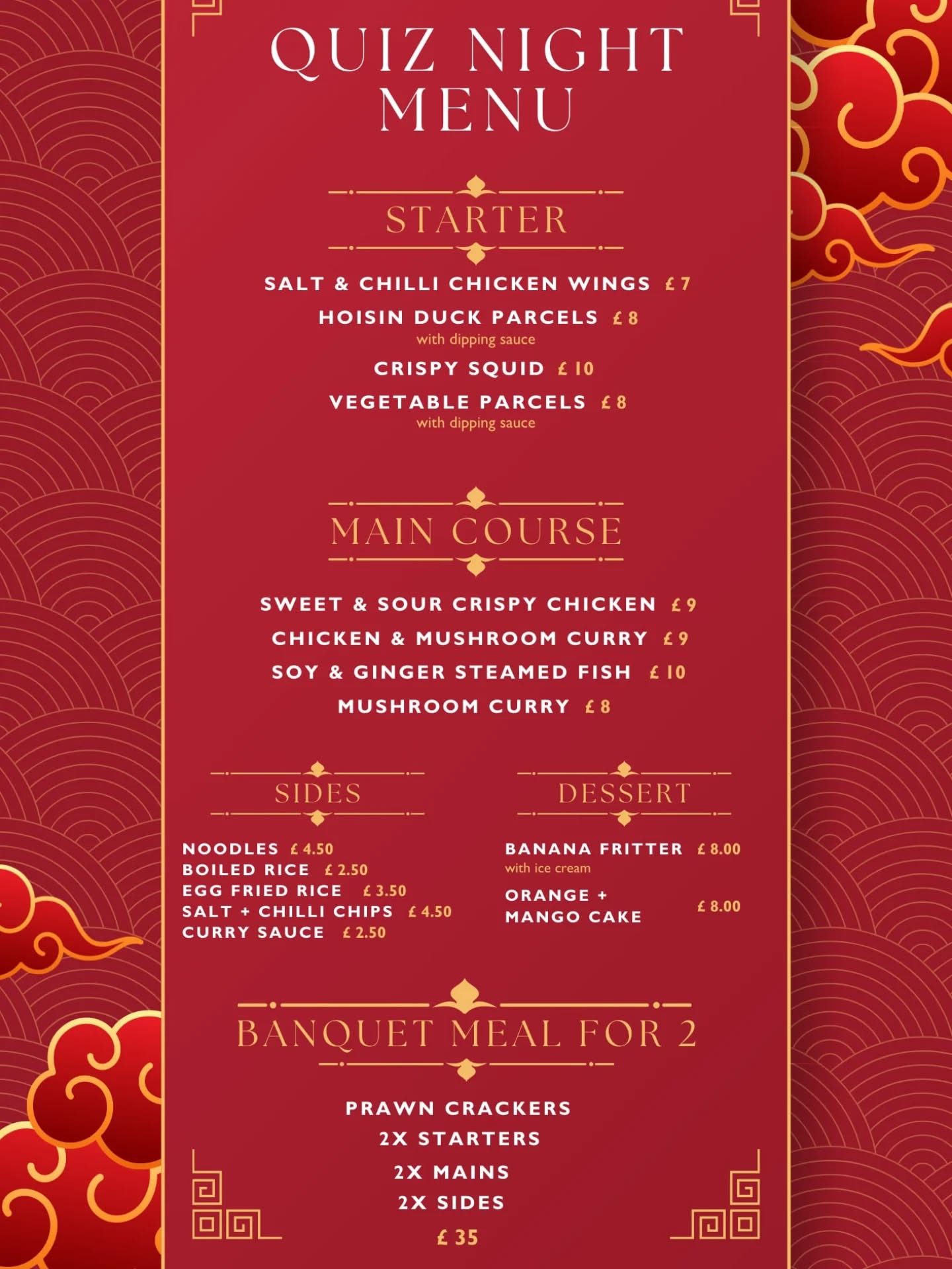 Quiz Night tomorrow Wed 18th at 7:30pm.
To celebrate the Lunar New Year we have a delicious Chinese-inspired menu on 5-7pm. Please book in if you can!