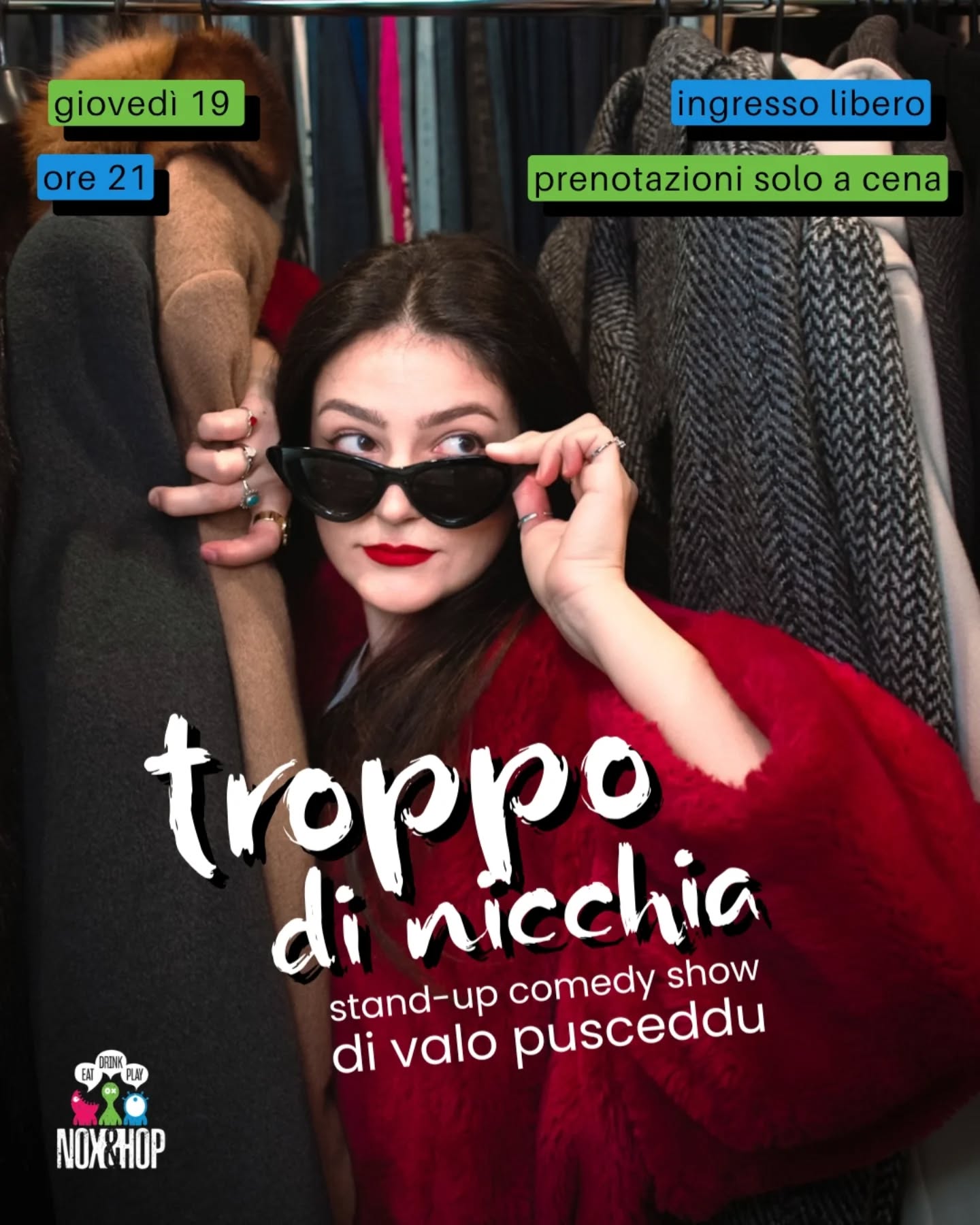 🎙 Stand up comedy
Valo Pusceddu torna al Nox con il suo nuovo spettacolo Troppo di Nicchia 🔥@valopusceddu
Armata di integratori di vitamina B12 e ormoni tiroidei in sciopero, Valo Pusceddu è pronta a far luce su figure controverse come Spiderman, Mozart ed Edmond Dantès. “Troppo di nicchia” è il suo quarto spettacolo di stand-up comedy, un monologo che mescola ingenuità e schiettezza, che elenca casualità e coincidenze, che salta con agilità da temi personali come la scelta della dieta vegetariana a temi caldi come la complicata divisione tra arte e artista.
INFO UTILI
⏳ Giovedì 19 febbraio - ore 21
📍Nox&Hop Viale Ivo Montagni 190 Limite sull'Arno (5 minuti da Empoli, 30 minuti da Firenze)
💸 Ingresso libero!
🍔 Prenotazioni solo a cena 👉 Se vuoi assicurarti un posto vieni a cena e prenota specificando che sei qui per lo spettacolo 📲 I tavoli vicino al palco sono limitati quindi scrivici subito al 351 694 1458 oppure in dm