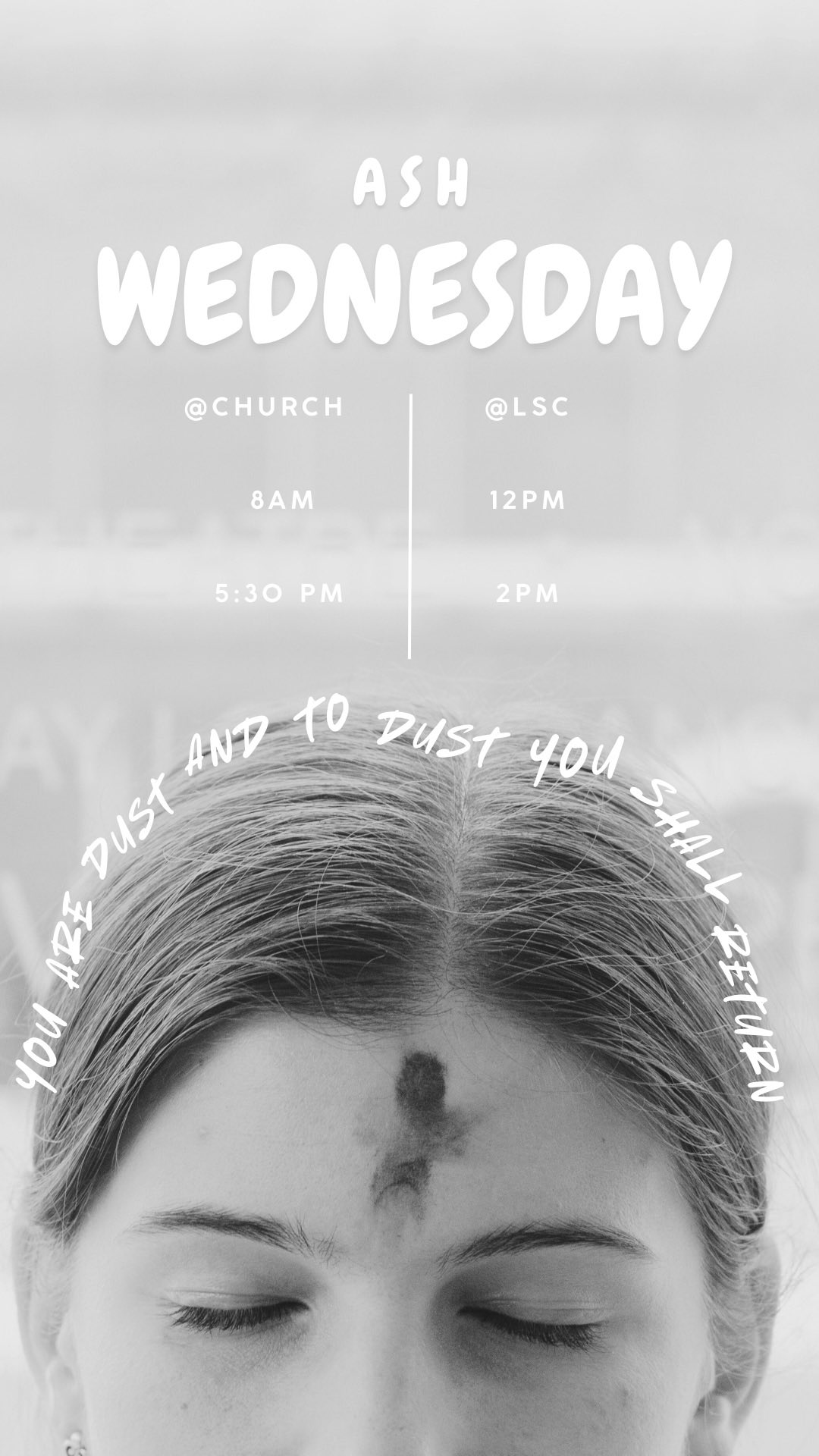 Come to Ash Wednesday tomorrow!! ❗️
On campus in the LSC Ballroom C
12 PM
2 PM
At Saint John XXIII
8 AM
5:30 PM
All are welcome, bring all your friends ❤️🔥