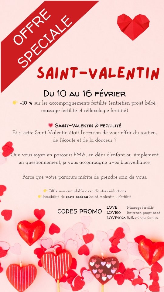 ♥️OFFRE SAINT VALENTIN♥️
Parce que j'avais envie de penser à celles et ceux qui ont besoin de douceur en ce début d'année...
Parce que dans un parcours de désir d’enfant ou de PMA, le corps et le cœur traversent beaucoup.
S’offrir (ou offrir) du soutien, de l’écoute et de la douceur, ce n’est pas un luxe. C’est essentiel.
✨ Offre spéciale Saint-Valentin
👉 -10 % sur les accompagnements désir d'enfant & fertilité
🗓 Du 10 au 16 février
(massage fertilité, réflexologie fertilité, entretien projet bébé)
🎁 Carte cadeau disponible pour une Saint-Valentin pleine de douceur.
Parce que ton parcours mérite d’être accompagné avec bienveillance 🤍
👉 Réservation en DM ou via le lien en bio
#saintvalentin #fertilité #pma #désird’enfant #accompagnementfertilité