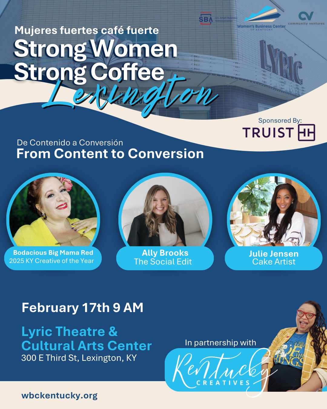 ☕ Strong Community Strong Coffee | Lexington
From Content to Conversion: What Creators Know About Attention, Growth, and Sales
📍 Lyric Theatre & Cultural Arts Center @historiclyric
📍 300 E Third St, Lexington, KY 40508
📅 Tuesday, February 17, 2026
⏰ 9:00AM–10:30AM
Creators live at the intersection of storytelling and strategy.
Bodacious Big Mama Red of Bodacious Big Mama Travel & Lifestyle @bodaciousbigmamared, Ally Brooks of The Social Edit @thesocialeditky, and Julie Jensen @thesocialeditky, baker and creator featured on Food Network, explore how content becomes credibility, how audiences turn into customers, and what businesses can borrow from creator workflows to build stronger brand presence, partnerships, and momentum.
Presented in partnership with Kentucky Creatives, this conversation translates the creator economy into usable strategy for business owners who want to be seen, remembered, and chosen.
🎟️ Register with the link in our bio: @wbckentucky
#WBC #sharethelex #859together #StrongWomenStrongCoffee