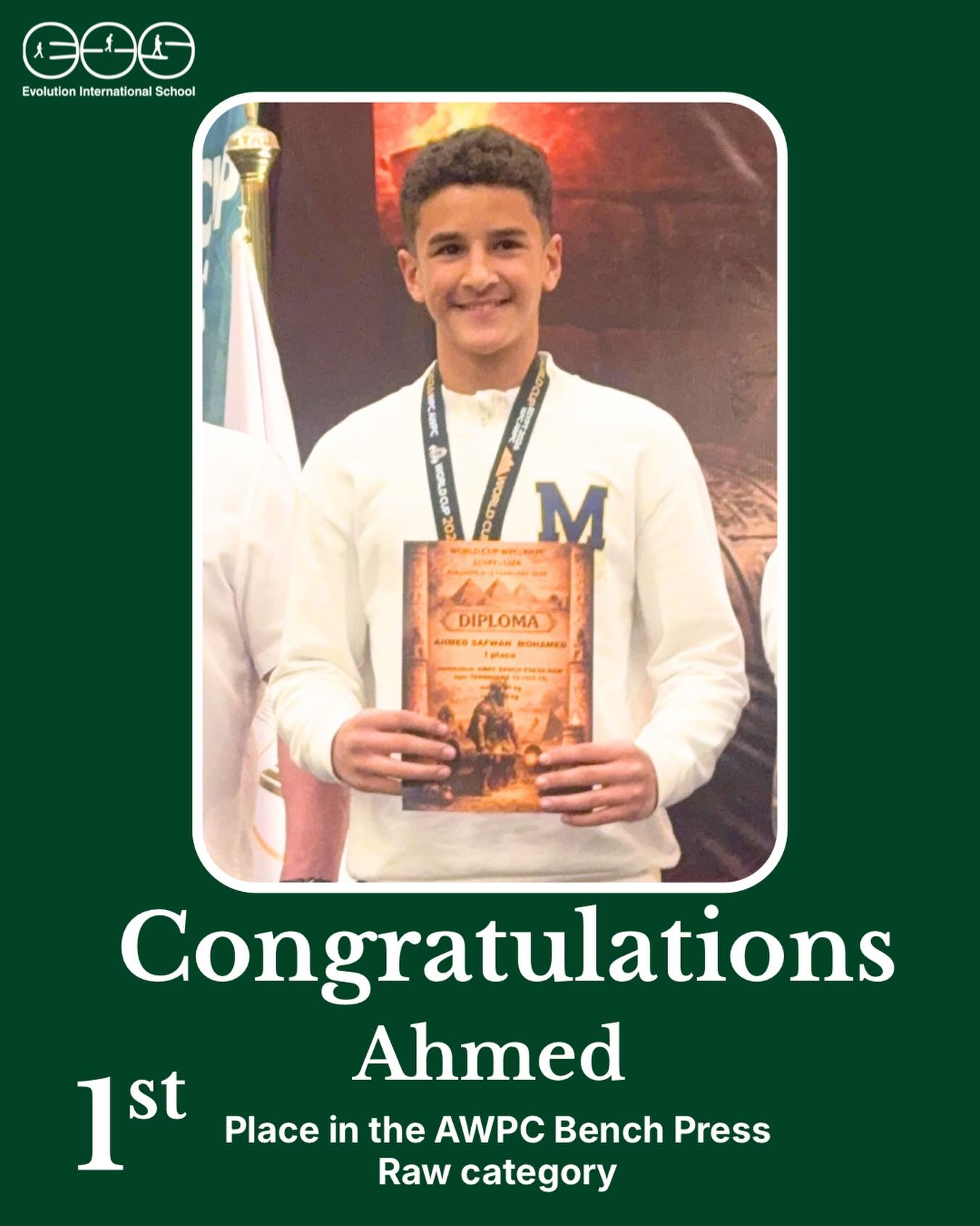 Huge congratulations to Ahmed for an outstanding achievement! 🏆
Last week in Giza, Egypt, he earned 1st Place in the AWPC Bench Press Raw category (Teenagers 13–15) — a result of months of discipline, determination, and balance between training and school.
We’re incredibly proud of your strength, focus, and perseverance, Ahmed — this is only the beginning! 💪✨
#ProudMoment
#StudentAchievement
#Powerlifting
#FutureChampion
