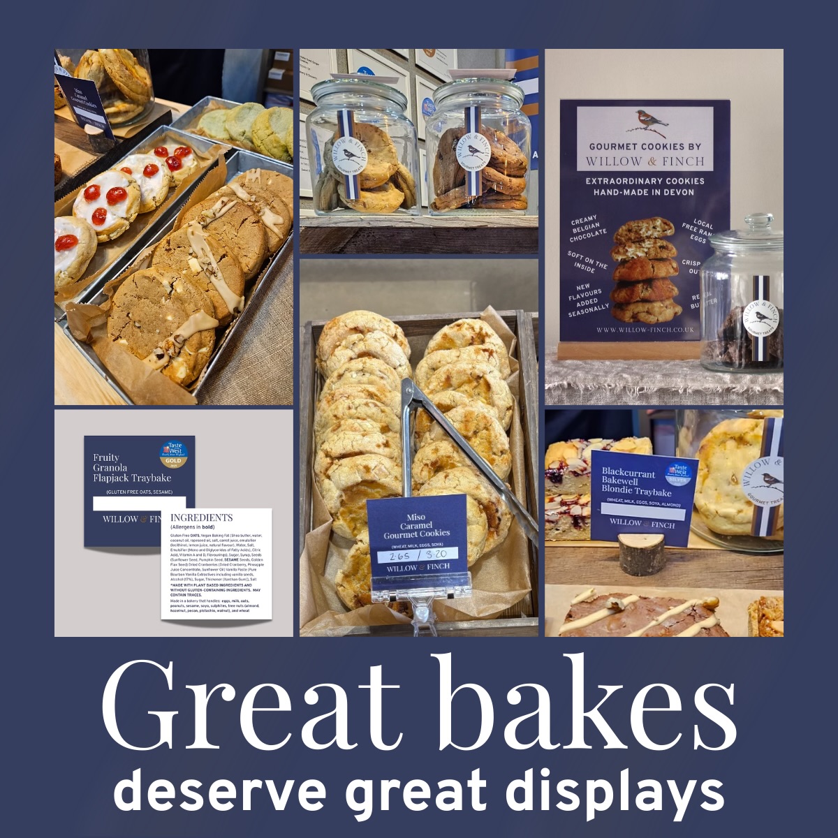 Did you know we provide display items for our stockists free of charge? (Because great bakes deserve to be shown off properly.)
You can order a complimentary set of product name cards - each one includes the product name, awards, allergy advice, ingredients, plus space for you to add your price. Everything you need to sell with confidence and help customers choose their next favourite treat.
You can also opt for a free A4 sign, or purchase one of our sturdy wood & perspex counter-top holders. And if you fancy elevating things even further, our gorgeous branded cookie jars and galvanised metal display trays are available too.
Explore the full trade range at www.willow-finch.co.uk/trade and do get in touch if you’d like to chat about becoming a stockist - we’d be so happy to hear from you.