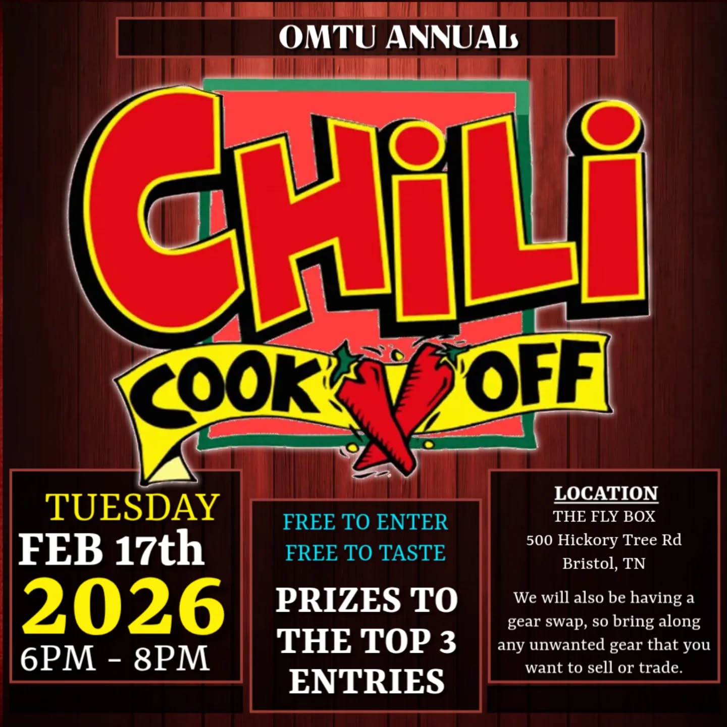 🌶️ Chili + Friends + Fly Fishing = A Great Night!
Don’t forget the Chili Cookoff tomorrow at The Fly Box in Bristol.
We start at 6:00 PM — bring your appetite and your competitive spirit!