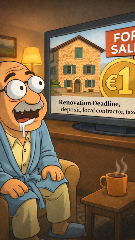 You think you hit the jackpot with just €1… 🎰
Then the fine print hits: 6-month renovation deadline, historic permits, surprise taxes, local-only contractors, scaffolding bills, and a notary who charges like a hedge fund.
You didn’t buy a villa.
You bought a countdown timer wrapped in stone.
#Allocaverse #italianvilla #eurohouse #Investment #CapitalCulture Comics memes