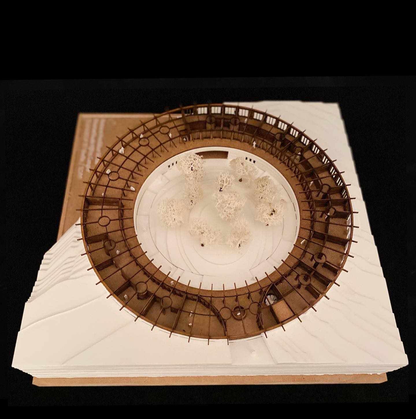 Project 3
Eco Hotel Catalonia
Named after the Tavertet living Catalonian philosopher, Raimon Panikkar (1918-2010). The Raimon Panikkar Hotel design follows this philosophers ideas around the interconnection between nature and humanity, rather than commercially exploiting the site with a human-centric, solely view-oriented volume. The hotel places nature at its center and raises environmental awareness among visitors.
Built with local granite and wood/clt in a strict 3m grid alone, the construction is completely prefabricated in elements; lowering construction effort and environmental impact.
The granite walls carve out of the mountain and are topped with a light wooden construction that reflects the surrounding nature where the trees grow out of the cliffs. A site visit showed a natural spectacle, defining the genius loci.
Due to the climatic conditions of the Pre-Pyrenees in combination with the Panta de Sau, intense morning fog develops.
A low-tech design with fog collectors and solar chimneys can harvest the fog and create natural ventilation. The naturally collected water and the solar panels on the roof allow the hotel to function primarily self-sufficient.
Beneficial impact on the local community, the hotel creates jobs for regional employees. Guests can stay for a few hours or several weeks and enjoy the local cuisine, relax in the spa, visit workshops for sustainable tourism and species protection, and above all reconnect with nature.
#architecture #architect #architecturemodel #architectural #maquettearchitecture #lasercutting #masterthesis #circle #bestnewarchitects #modelarchitecture #potd #new #realestate #design #designhotel #larsenliverpool #architecturecompetition #woodarchitecture #ecofriendly #newpost #architecturelovers #studentwork #archiporn #archigram #hotel #newartist #arquitectura #arch #discover #architecture_hunter