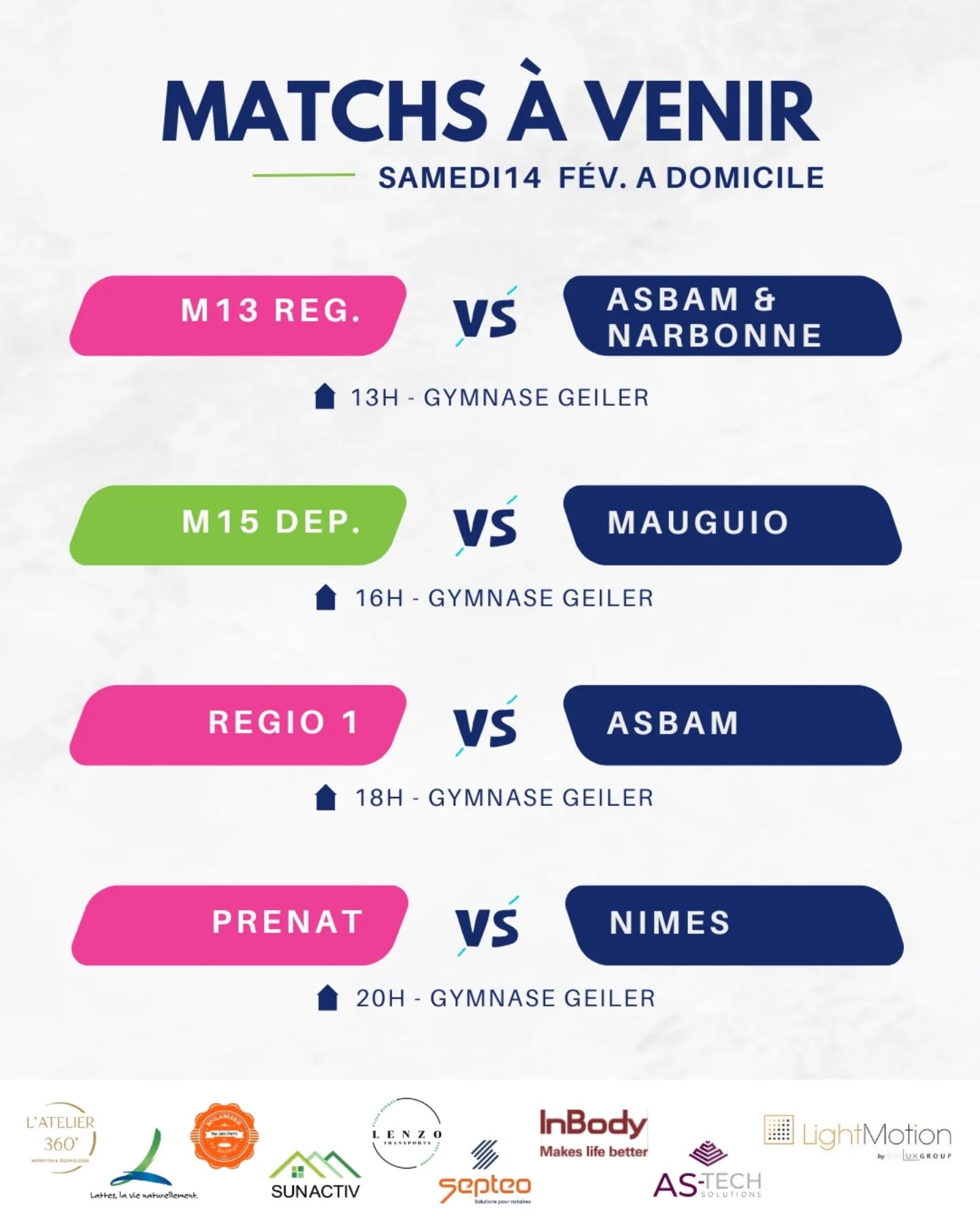 📅 Matchs du weekend 📅
🄰 🄳🄾🄼🄸🄲🄸🄻🄴
13h : les M13 reg. reçoivent l'Asbam et Narbonne
16h : les M15 dep. affrontent Mauguio
18h : la regio 1 reçoit l'Asbam
20h : la prénat jouera Nimes, leader invaincu du championnat
🄰 🄻'🄴🅇🅃🄴🅁🄸🄴🅄🅁
14h : les M18 dep. se déplacent à Béziers Maraussan. Les deux équipes sont au coude à coude au classement (4eme et 5eme place), avec cinq points chacune !
18h : la regio 2 affronte Alès
20h30 : la N3, actuellement 3ème du championnat, se déplace à Vitrolles, équipe de bas de classement
🔵Bons matchs à tous🟢
#ffvb #volleyball #volleyballlife #sport #lattesvolley