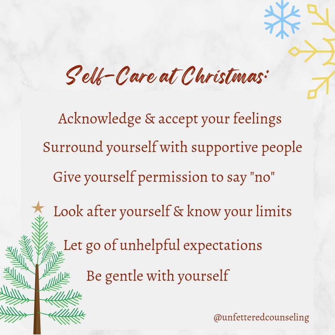 The holiday season can be one full of fun and festivities, but for many, itâs a season of increased stress, uncomfortable family dynamics, and reminders of loss and grief.
So, whether youâre experiencing too much hustle-and-bustle, over-reach of boundaries from intrusive family members, or youâre walking through grief, letâs lean into a little bit of self-care.
Â
(Reminder: Instagram can be a great resource for added support, but doesnât replace therapy)