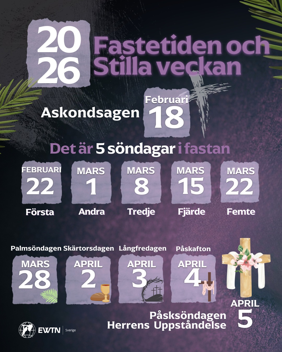Fastan 2026 börjar den 18 februari med askonsdagen och avslutas på skärtorsdagen den 2 april, före Herrens måltids mässa. Det är en tid för förnyelse av doplöftena vid påsk genom bön, allmosor och fas…