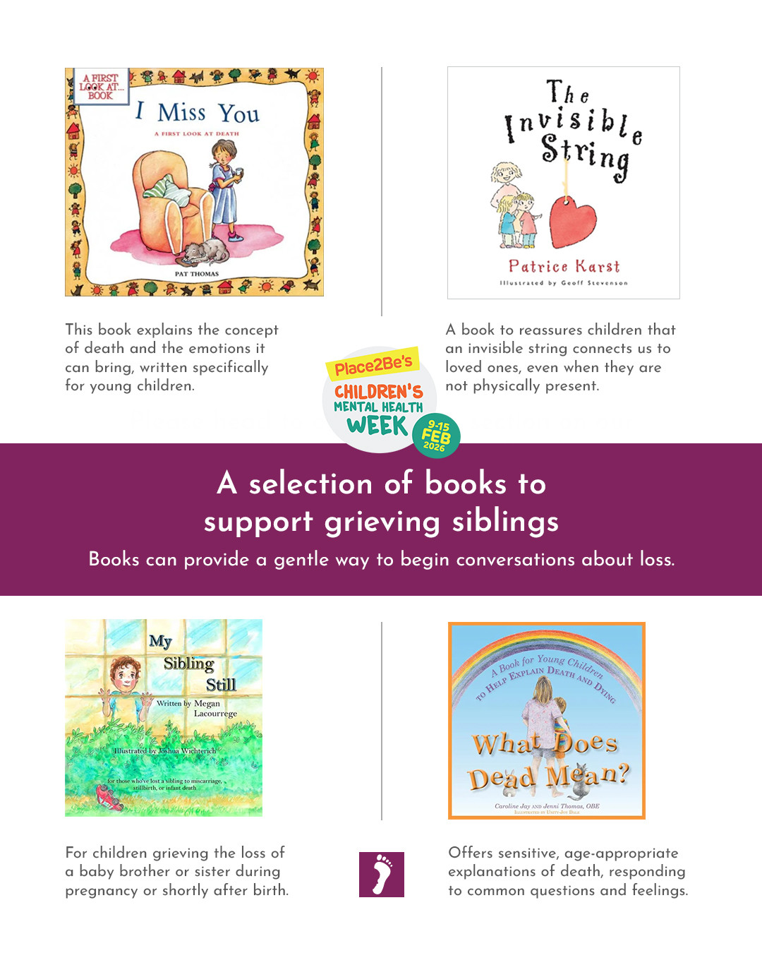 📚️ 📚️ 📚️
Here is a selection of books recommended by our play therapist Matt Haywood.
Books can provide a gentle way to begin conversations about loss. Stories that acknowledge a range of feelings and avoid fixed ideas about how grief should look can be particularly helpful. Reading together can also offer comfort and connection at a difficult time.
#ChildrensMentalHealthWeek!
#siblingsgrieve
