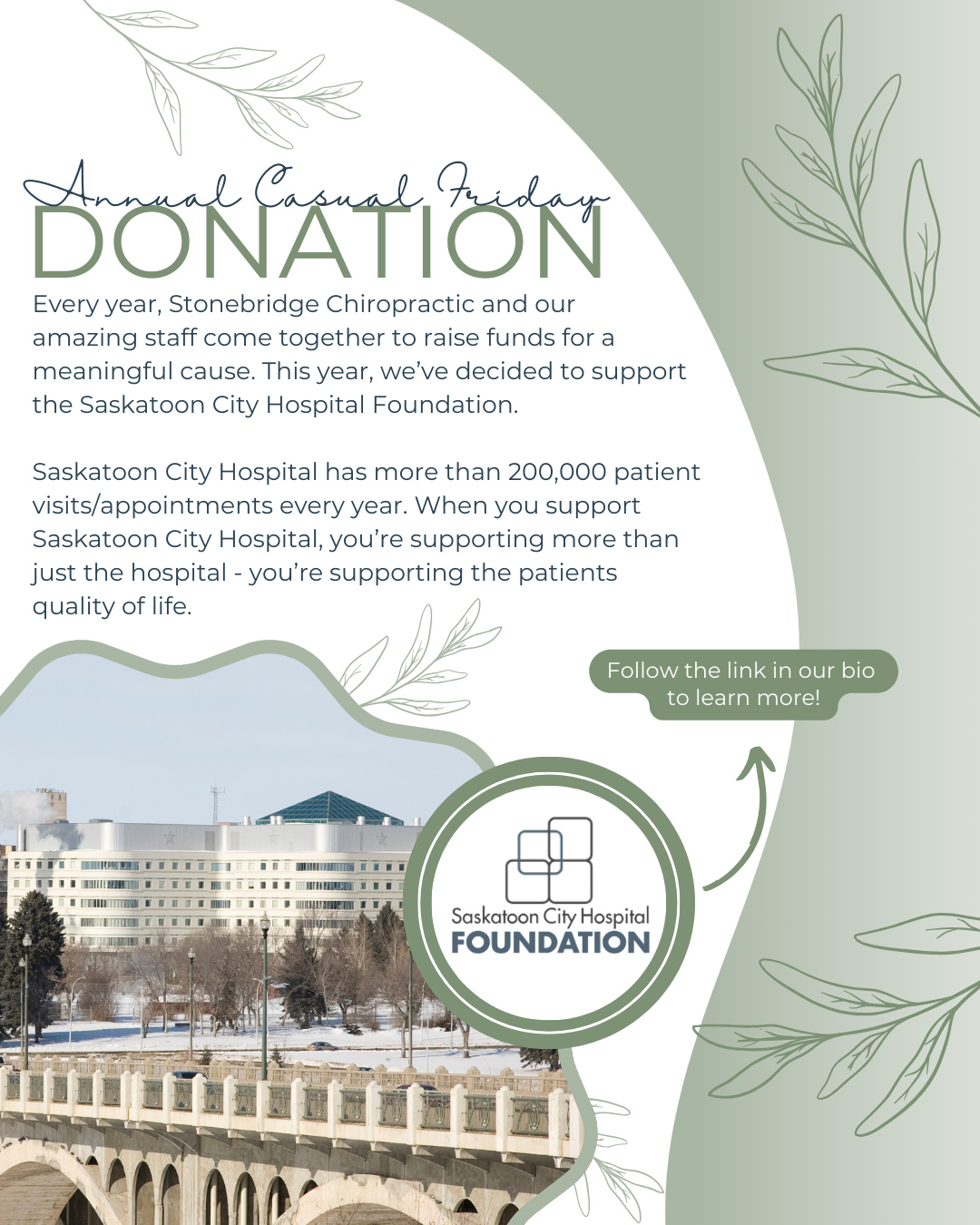 Throughout the year, our team has been donating a dollar every casual Friday in order to wear jeans to work. 👖✨💙
This year, we collected $1000 from staff participation for casual Fridays, and we are proud to have donated this amount to the Saskatoon City Hospital Foundation. 🤩⭐️
Follow the link in our bio to learn more about the Saskatoon City Hospital Foundation, and the impact that every donation has on patients quality of life. 🏥❤️