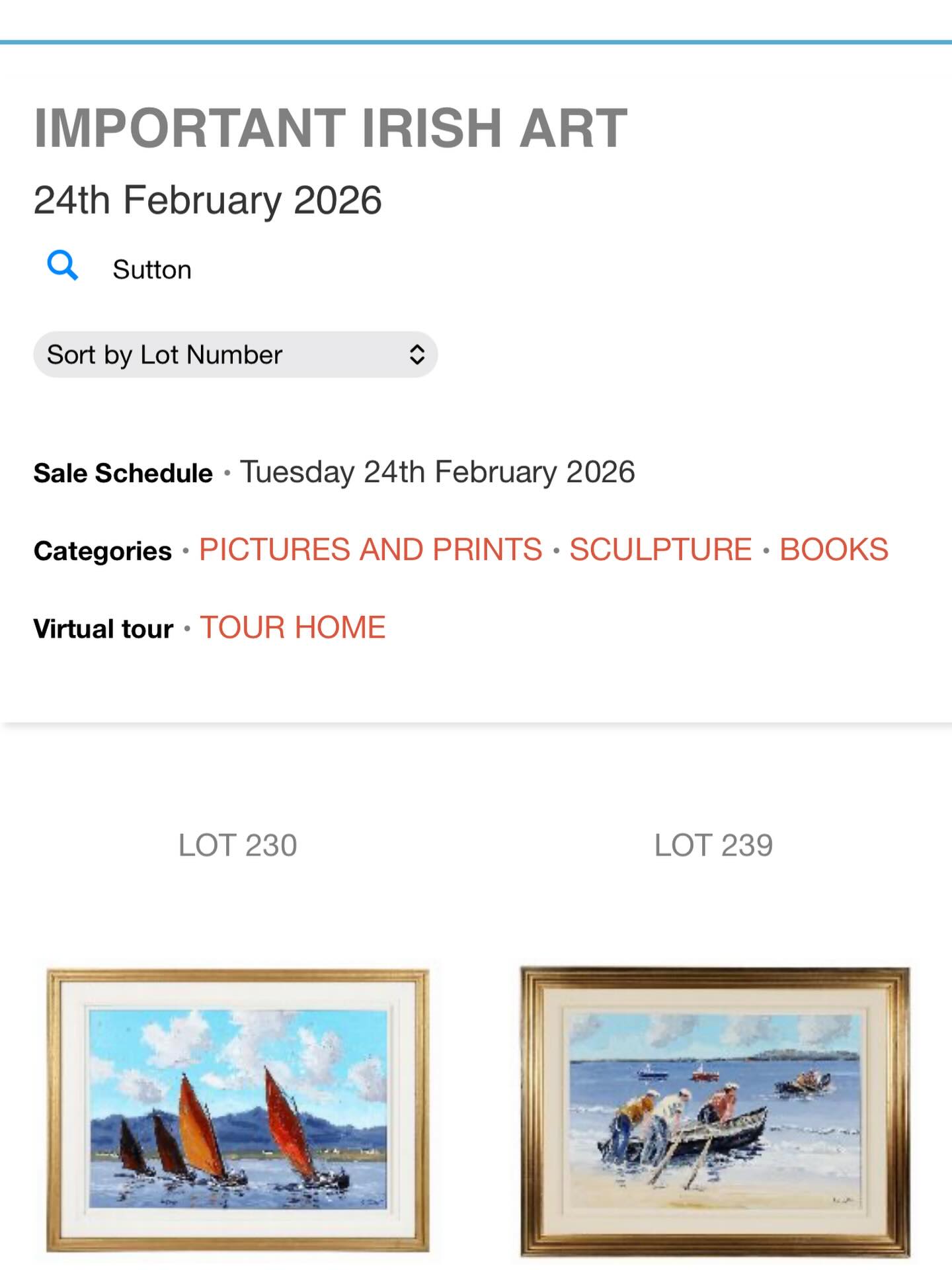 SHEPPARDS. DURROW ART AUCTION. NOW ON LINE.24/2/24. Lot 230 “ Running the Wind, Roundstone Bay”
Oils. 20/30ins. Guide €1500. Lot 239. “Launching Currach, Inisheer. Guide €1500.