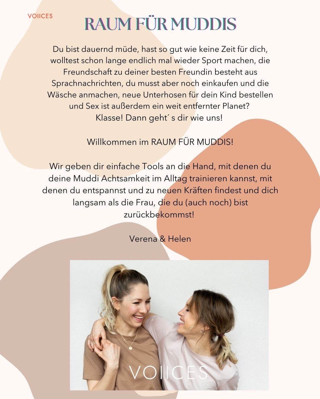 Hallöcheeen,
Hier fassen wir noch mal zusammen was ihr bei unserem „Raum für Muddis“ alles erleben und mitnehmen könnt!
Wir freuen uns auf den Austausch und die gemeinsame Zeit.
Im Anschluss trinken wir noch einen leckeren Kakao und, wenn das Wetter es zulässt, machen wir noch ein kleines Feuer. Das wird schön.
Tickets findet ihr in unserer Bio!