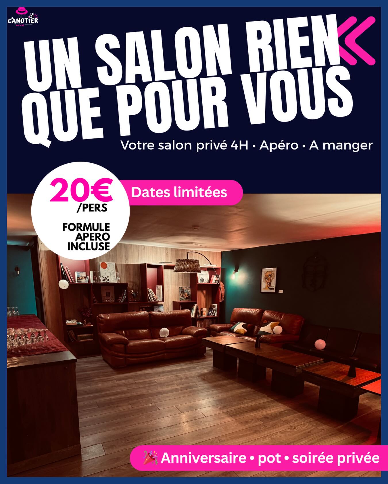 ✨ Et si vous privatisiez un salon pour votre soirée ?
20 € par personne
👉 Votre salon privé pendant 4 heures
👉 Un vrai apéro
👉 À manger pour tout le monde
Chacun profite à son rythme.
Dans les 20 €, il y a :
🍷 1 verre d’apéritif par personne
(punch, bière, vin… on s’adapte)
🍽️ Planches apéritives – env. 150 g de nourriture par personne
charcuterie • fromage • crudités / fruits • condiments • pain
🍢 10 pièces cocktail par personne
• 70 % salées (mini pizzas, mini quiches, bouchées…)
• 30 % sucrées (mignardises, mini desserts)
🛋️ Un salon rien que pour vous
🍸 Ensuite, le bar est ouvert selon vos envies
➕ Besoin de plus ?
Planches, pièces cocktail ou boissons supplémentaires possibles sur demande.
🎉 Anniversaire • pot • soirée privée
⚠️ Toutes les dates ne sont pas disponibles
📩 Réservation en message privé
