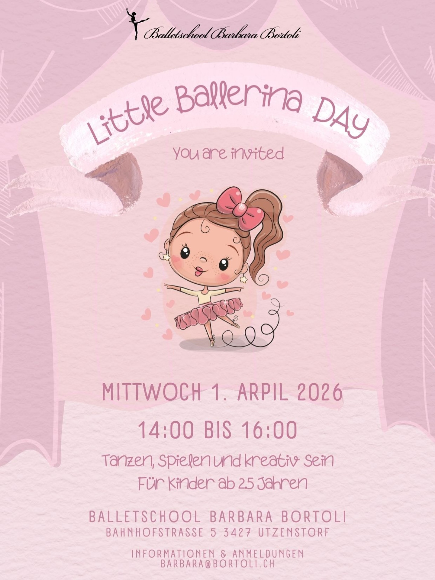 🩰✨ Spielgruppe Little Ballerina✨ seit 2018 ein Ort, wo kleine Füsse tanzen lernen🦋
Liebvoll begleitetes Tanzen & Spielen für die jüngsten Ballerinas❣️
Sei dabei, wenn es heisst: Musik an, Fantasie frei und los tanzen! 💕🎶🩰
👉🏼Am MITTWOCH 1. April 2026 von 14:00 bis 16:00 öffnen wir die Türen der Spielgruppe 🍭LITTLE BALLERINA🍭
Vorbeikommen und mit uns 🌈tanzen 🧸spielen ✂️basteln 🤍träumen & 🎨kreativ sein.
Für mehr Informationen und Anmeldungen➡️ barbara@bortoli.ch oder PM
