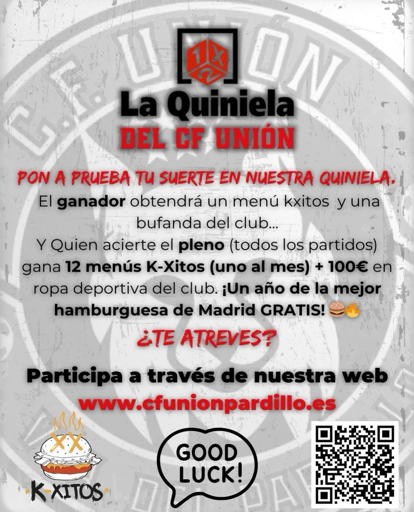 ✍🏼Participa en nuestra quiniela a través de nuestra web:
https://www.cfunionpardillo.es/quiniela-cfunionpardillo
🔝Gana un menú X-Kitos y una bufanda de nuestro club o 12 menús X-Kitos + 100€ en ropa deportiva haciendo pleno🍔