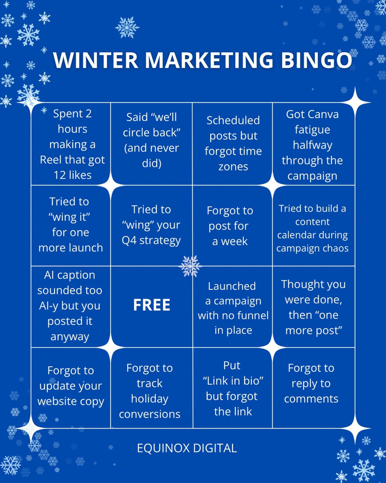 Winter keeps telling us to slow down. Reality says: the campaign still has to ship.
Quiet seasons don’t mean nothing’s happening.
They mean you’re building without the pressure of being perceived.
Not every post needs to pop. Not every week needs momentum.
If this bingo card looks familiar, you’re not behind.
You’re in the in-between, and that’s part of the process.
Spring’s coming. Keep going.
Tag someone who’s in their winter work era 👇
#ContentCreator #MarketingLife #BuildingInPublic