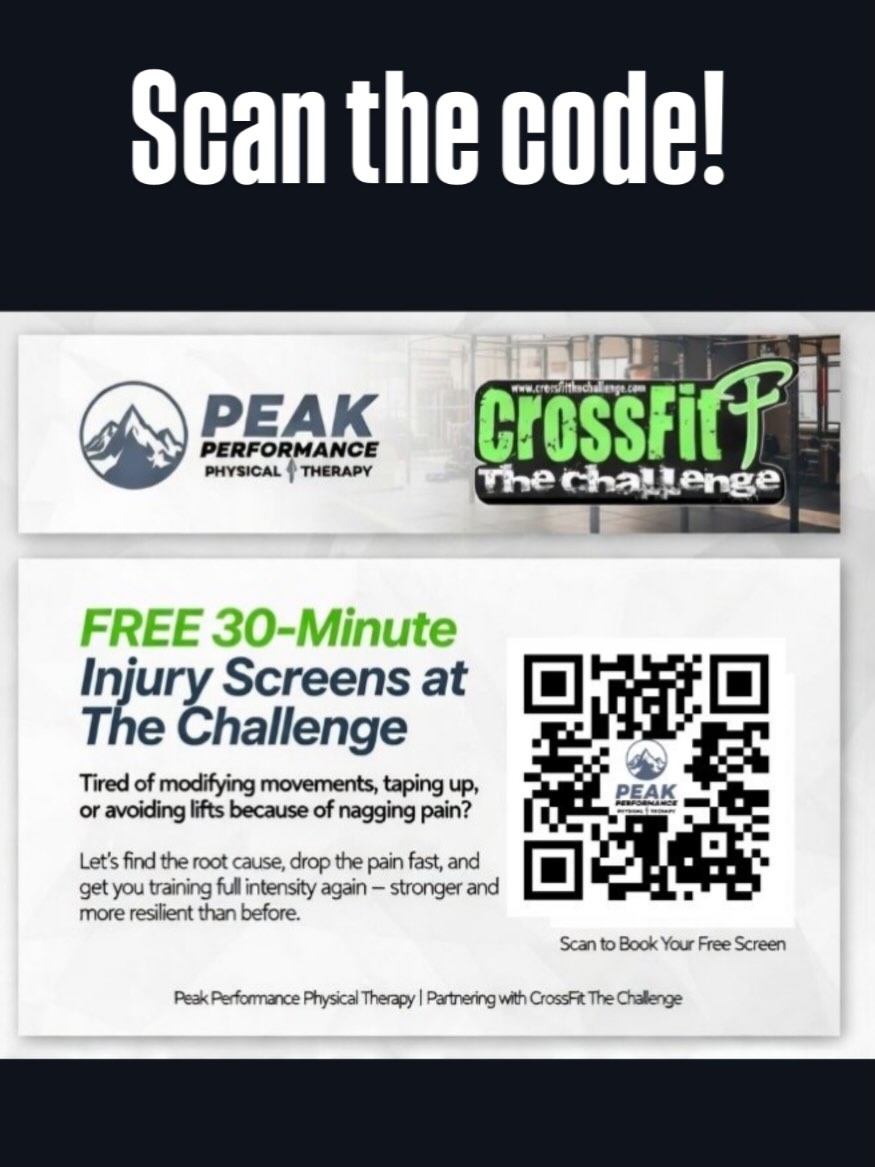 Exciting News: Peak Performance Physical Therapy is On-Site! 🛡️💪
We are thrilled to announce our brand-new partnership with Peak Performance Physical Therapy! To help you stay moving at your best, we’re bringing expert care right to the gym floor.
Starting now, Justin, a licensed Physical Therapist, will be on-site and ready to help you tackle those nagging aches or movement plateaus.
🔥 Limited Time Offer: FREE 30-Minute Injury Assessments!
Whether you’ve got a “tweaky” shoulder, a stiff lower back, or just want to make sure your form is primed for your next PR, this is for you. Justin is offering these assessments to all members for a limited time!
📅 Don’t wait! Slots fill up fast.
Scan the QR code below to schedule your free assessment today and let’s keep those gains coming!
#CrossFitTheChallenge #PeakPerformancePT #OnSiteTherapy #InjuryPrevention #TrainSmart