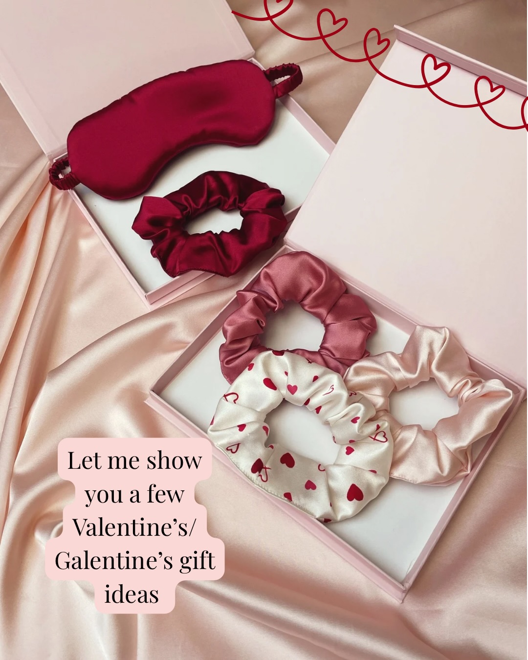 Let me show you a few Valentine’s/Galentine’s gift set ideas
From gift boxed sets including beautiful bows and sweet hair tie mini sets
And my hand drawn heart print pieces
If they love ribbons, you can’t go wrong with my classic convertible silk bow with removable tails for 2 styles in one
For something even more luxurious, a silk pillowcase with pretty ribbon ties is a sure win
As always, I am happy to put together your own combinations of products and colours, just drop me a dm or email to arrange your perfect gift set
Image description- 1. A deep red silk eye mask and matching scrunchie in a gift box and three silk scrunchies in mid pink, pale pink and white with pink and red heart print in another gift box
2. A pale pink silk hair bow and scrunchie in a gift box and a silk scrunchie and matching elastics in white with pink and red heart print peeping out of a pink Mille Saisons drawstring bag
3. A silk headband and scrunchie in white with pink and red heart print in a gift box and a three silk scrunchie in shades of pink peeping out of a pink Mille Saisons drawstring bag
4. Four silk hair bows in deep red, pale pink, mid pink and white with pink and red heart print
5. Two silk pillowcases in white and pale pink with ribbon tie closures propped up on a bed with pink roses on the bedside table
6. Two sleep gift sets in gift boxes, each contains a silk eye mask and matching scrunchie. The top set is in white with a red and pink heart print while the lower set is in a pale pink.
All images have relevant parts of the caption text added on top