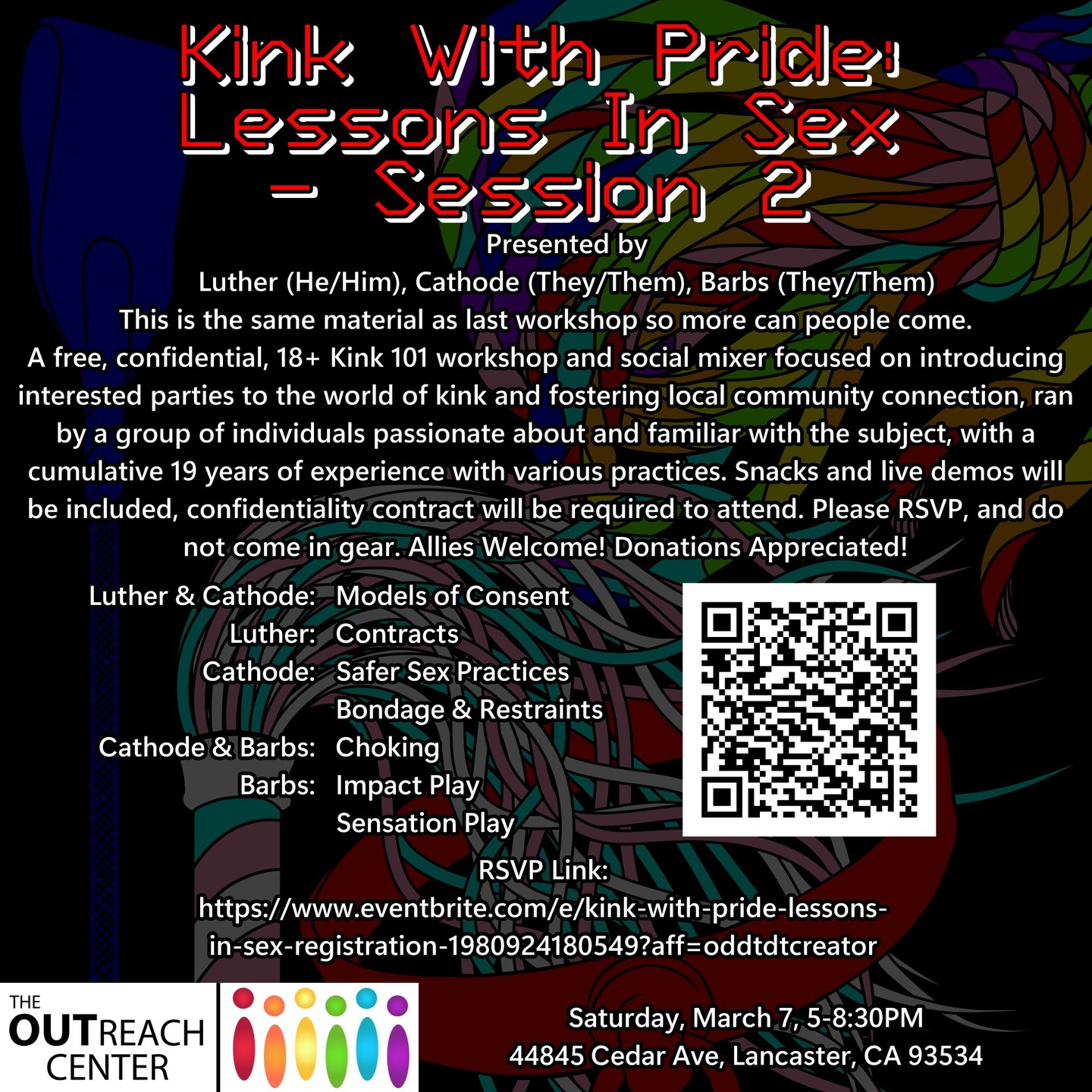 🔗 Curious about kink but not sure where to start?
Join us at The OUTreach Center on Saturday, March 7 for a FREE, confidential 18+ Kink 101 Workshop + Social Mixer.
This beginner friendly workshop will cover:
✨ Consent & communication
✨ Safer sex practices
✨ Community care
✨ Building local connections
Led by facilitators with 19 years of combined experience across various kink practices, this is a welcoming, judgment free space to learn, ask questions, and meet others in community.
Spots are limited. Register today using the link in bio!