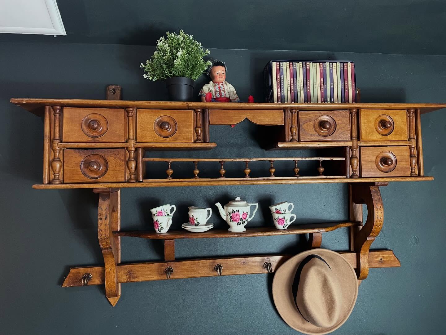 -SOLD-
What a beautiful thing! ā¦this gorgeous vintage French wall rack. Made from cherry wood and oak it has a lovely warm tone and some great features too.
Six lovely little drawers with inset wooden handles, a shelf for nicknacks, a galleried rail, and a row of metal hooks for hanging cups, hats etc. Great column and carved details as well.
It measures W130cm D21cm H70cm £145
Have a lovely chilled Sunday š Weāre off for our usual walk ( after a little lie in š¤£)
#wallrack #wallshelf #french #vintage #cherrywood