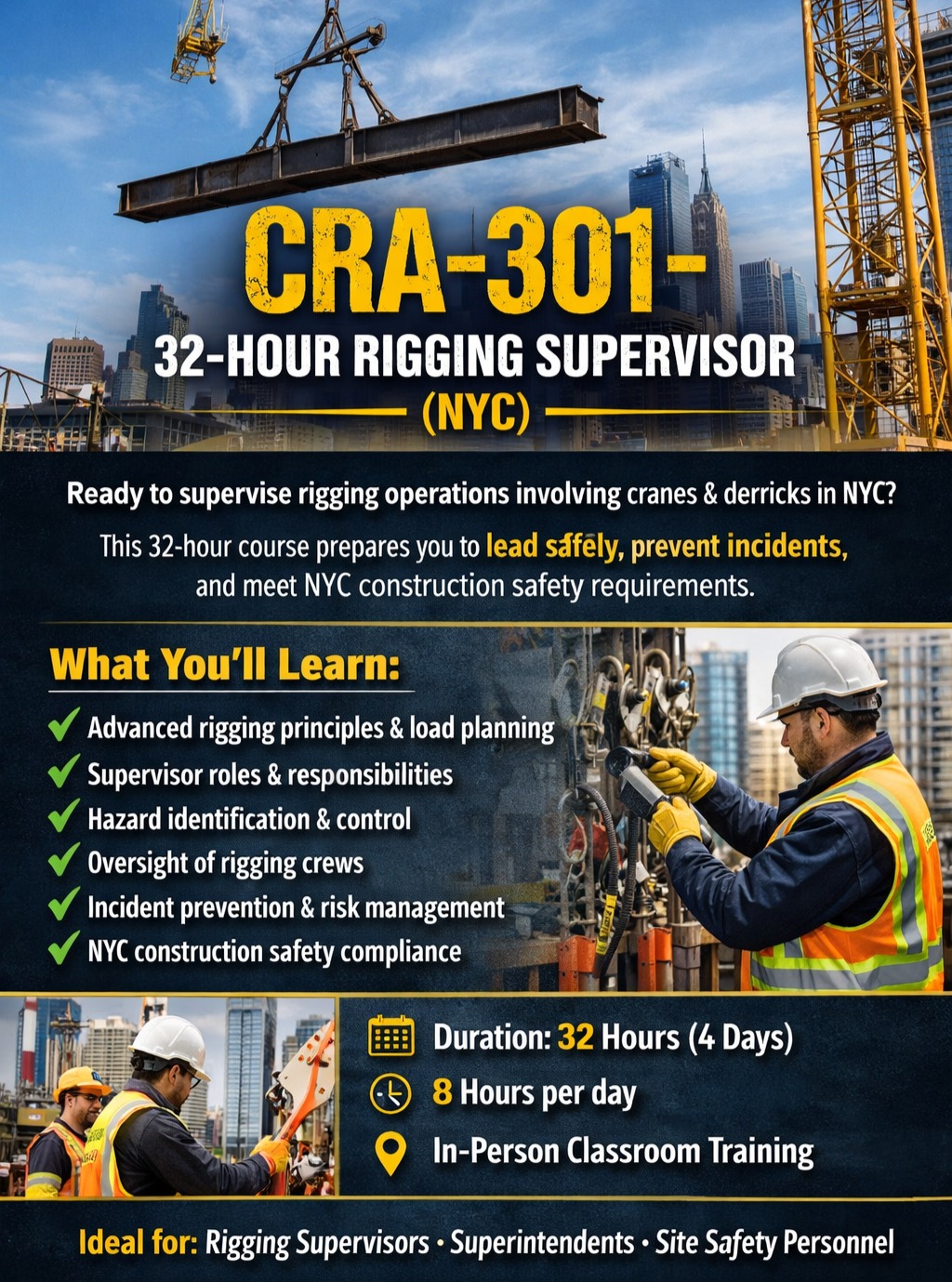 🚧 32-Hour Rigging Supervisor (NYC)
Ready to supervise rigging operations involving cranes & derricks in NYC?
This 32-hour course prepares you to lead safely, prevent incidents, and meet NYC construction safety requirements.
📲 DM us to register
📞 Call for upcoming dates
#RiggingSupervisor #NYCConstruction #ConstructionSafety #CraneSafety #RiggingTraining #NYCSafety #DOBCompliance