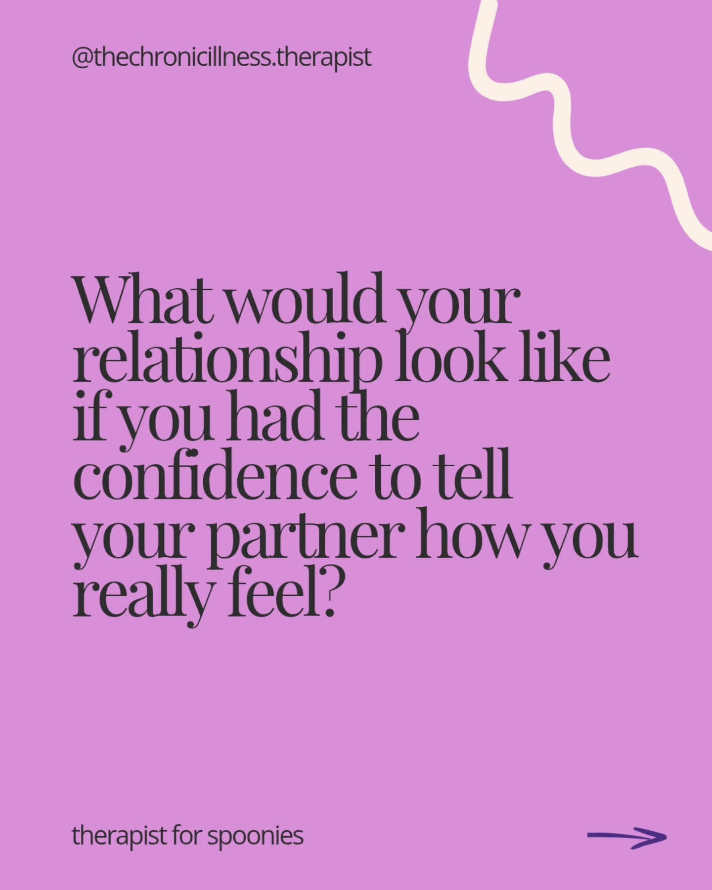 What would it be like to tell them? 👀
Exploring your own needs and wants and developing the confidence to share them is the type of work we’d do together.
Because chronically ill or not, you are deserving of a relationship where you feel confident enough to be heard and know that you are not a burden 💜
If you’d like to have a chat about working together, DM me 'waitlist' and I'll send you the link to register your interest.
#chronicillness #relationships #communication
